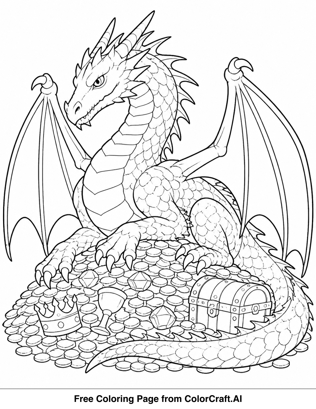 Line drawing of a fearsome dragon coiled protectively around a large pile of treasure, ready for coloring.