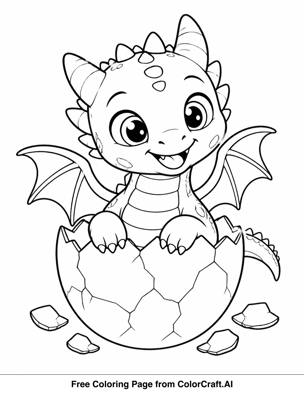 Line drawing of a baby dragon emerging from its egg, looking curious and cute.