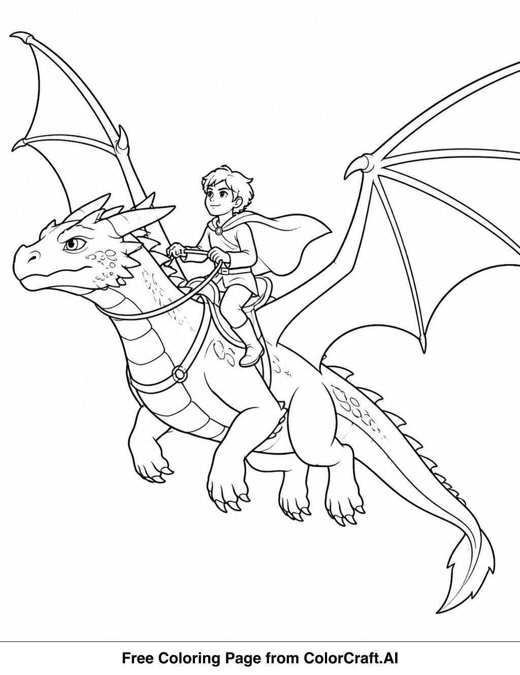 Line drawing of a dragon and rider soaring through the sky on an adventurous journey.