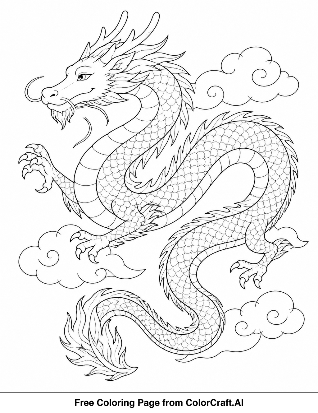 Line drawing of a long, serpentine eastern dragon flying peacefully among clouds, ready for coloring.