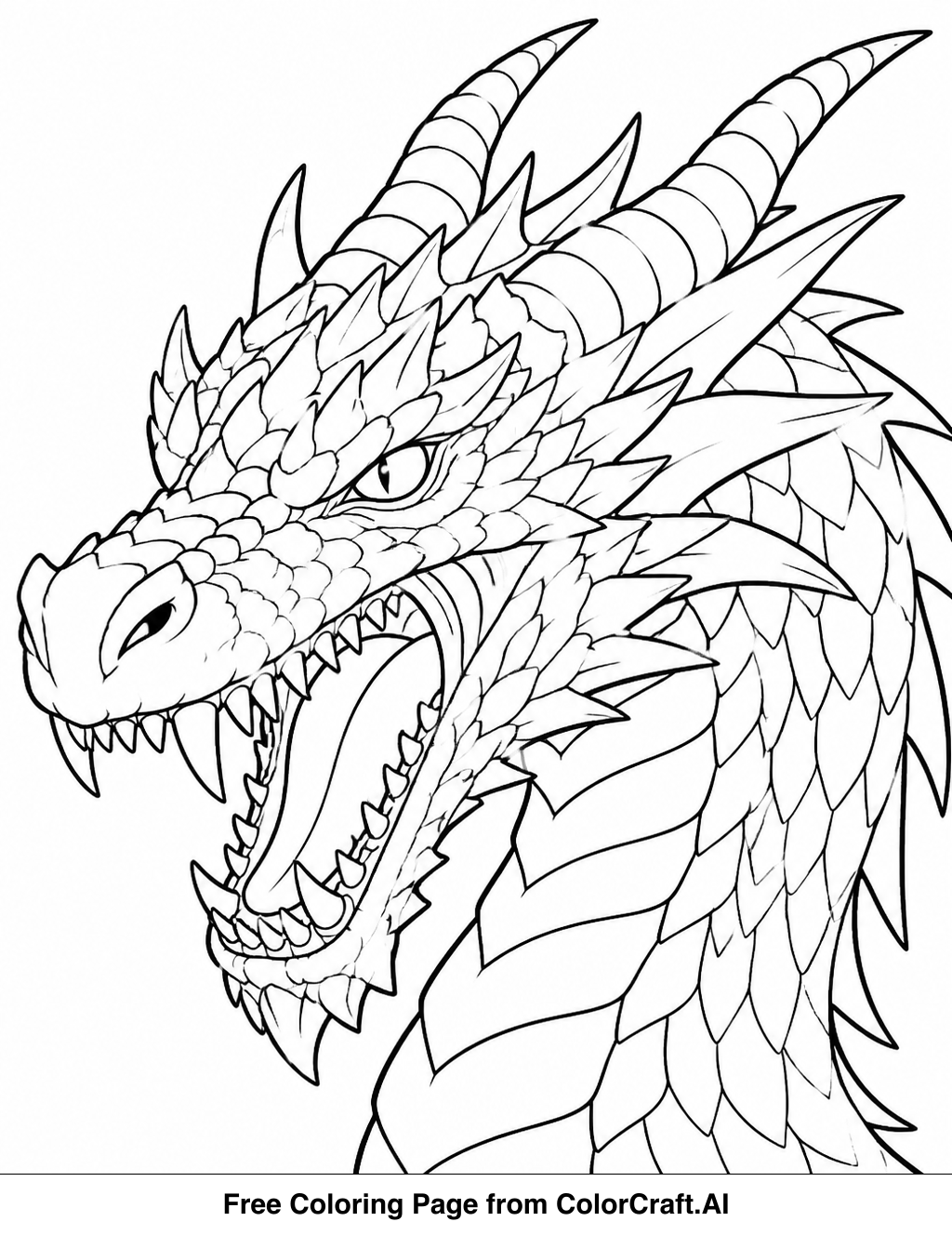 Line art drawing of a fearsome dragon head with sharp teeth and scales, perfect for coloring.
