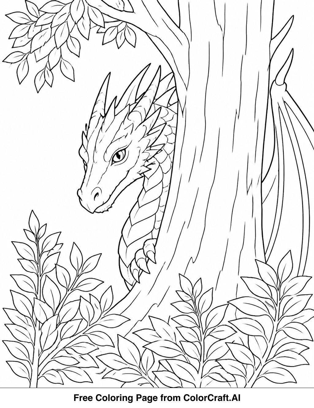 Line drawing of a dragon partially hidden by foliage in a dense forest.