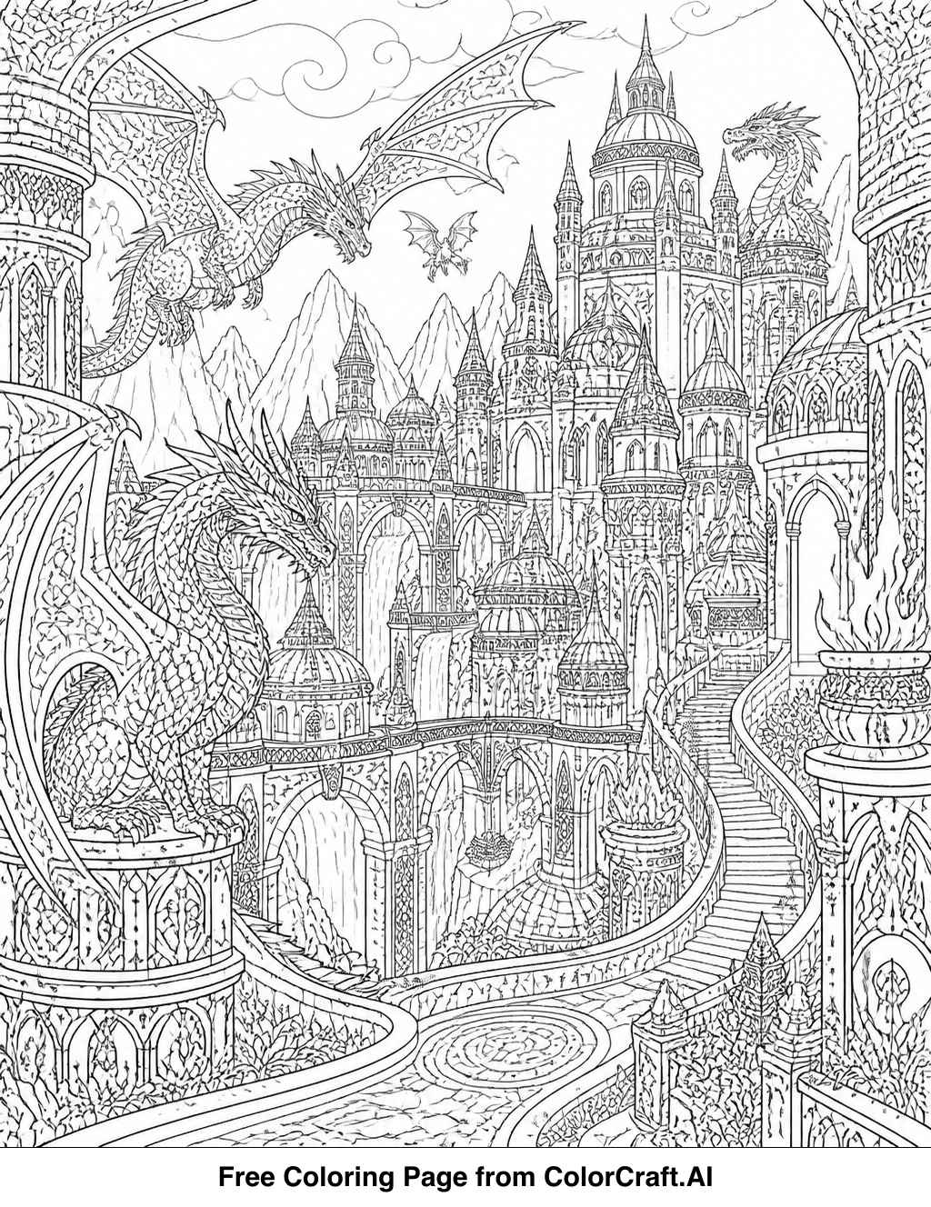 Intricate line drawing of a sprawling ancient city with dragon architecture, towers, and ruins.