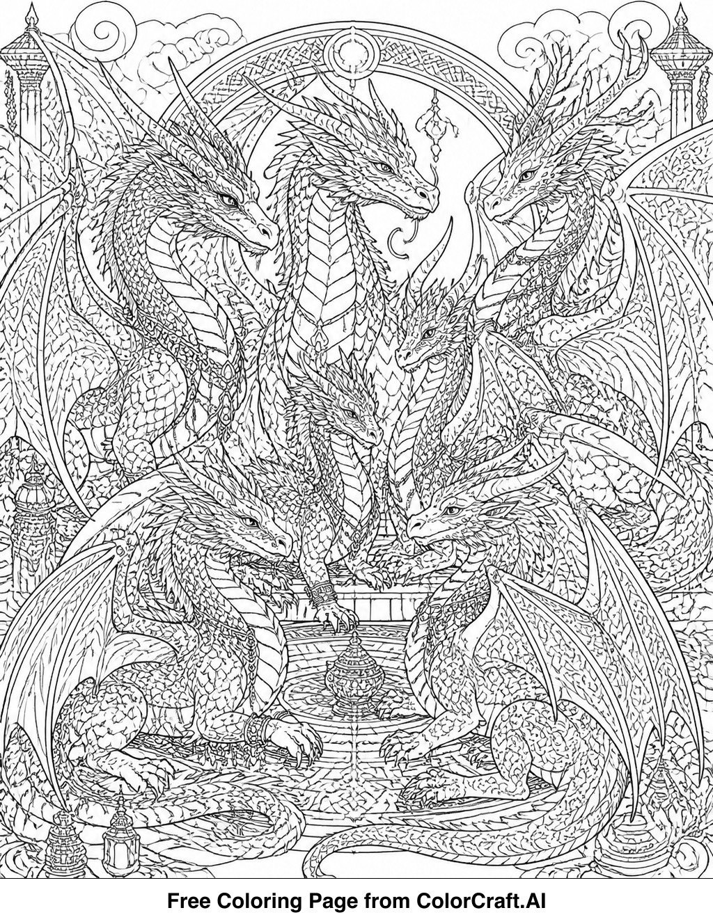 Intricate line drawing of a dragon clan gathering with many dragons of different sizes and shapes.