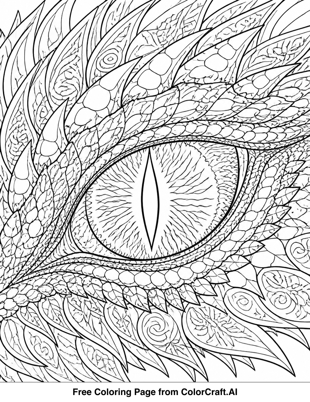 Intricate line drawing of a dragon's eye, showing scales and a reptilian pupil.
