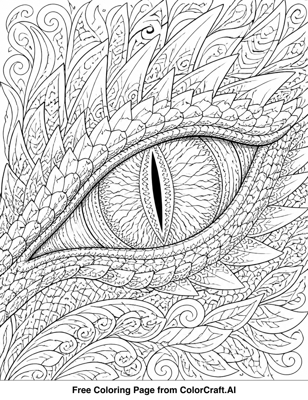 Intricate line drawing of a dragon's eye with detailed scales and a sharp pupil.