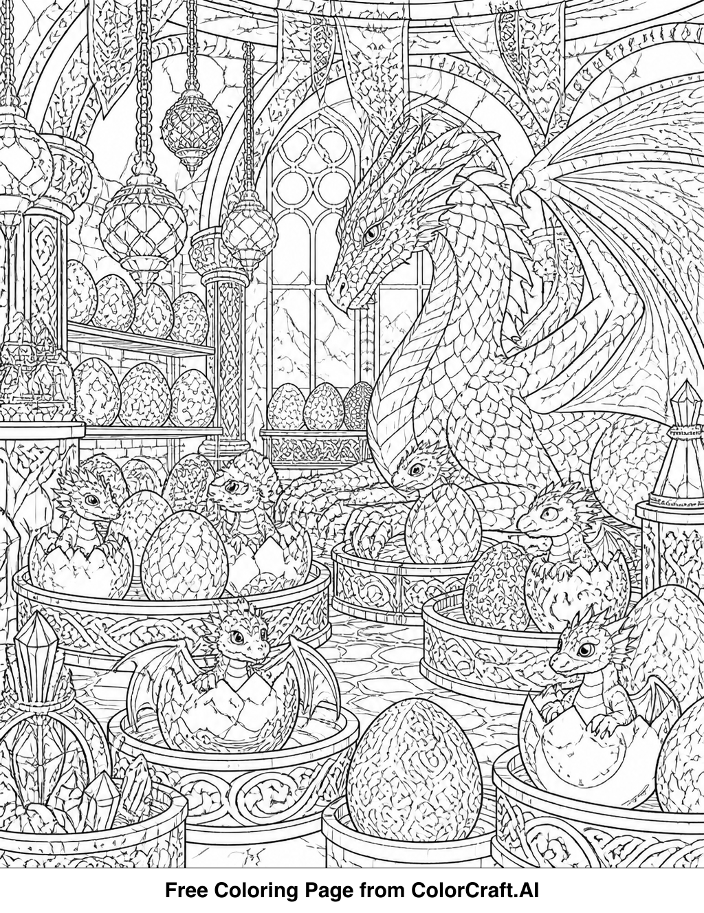 Intricate line drawing of a dragon hatchery with many eggs and baby dragons.