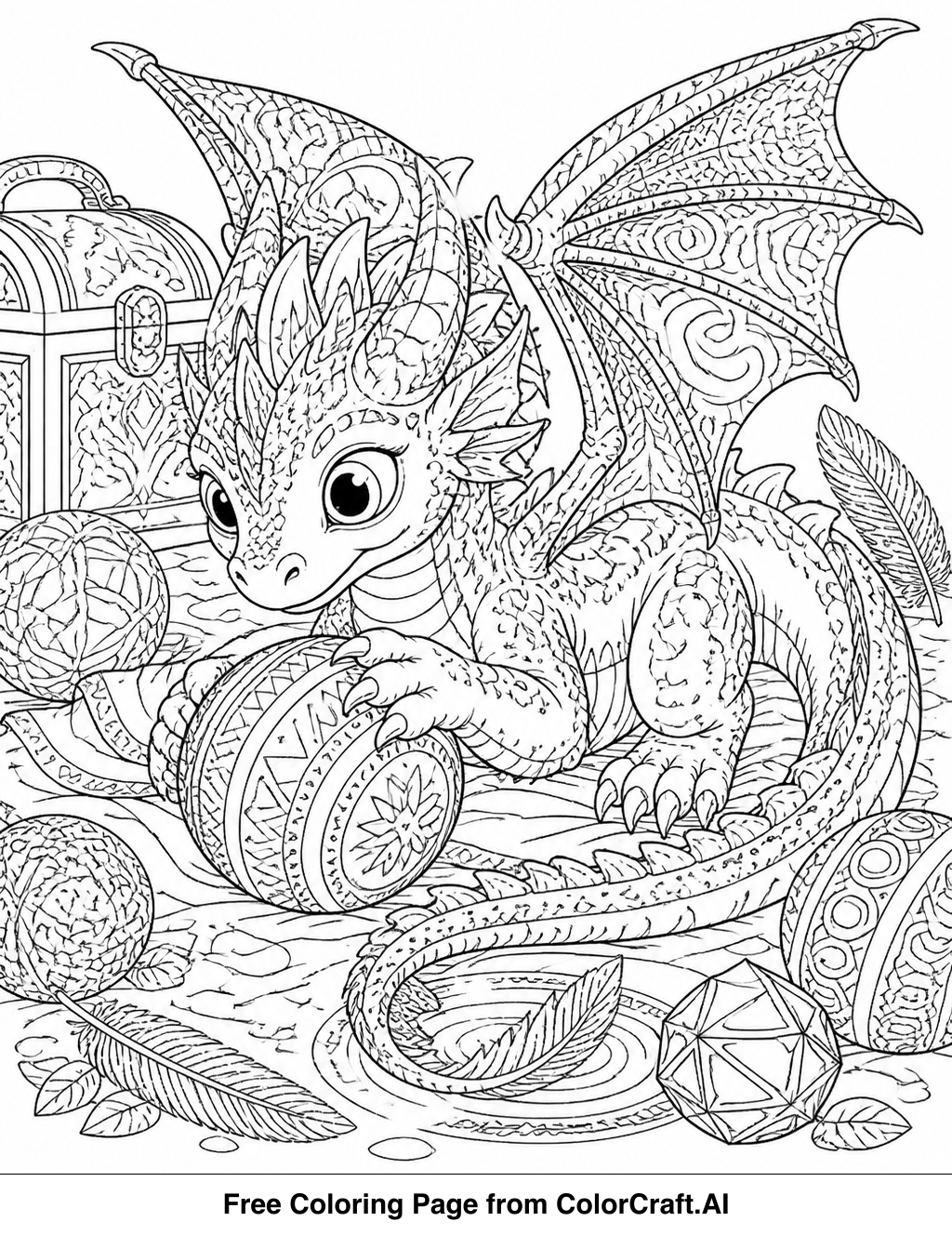 Line drawing of a small, cute dragon hatchling playing with a toy, intricate details.