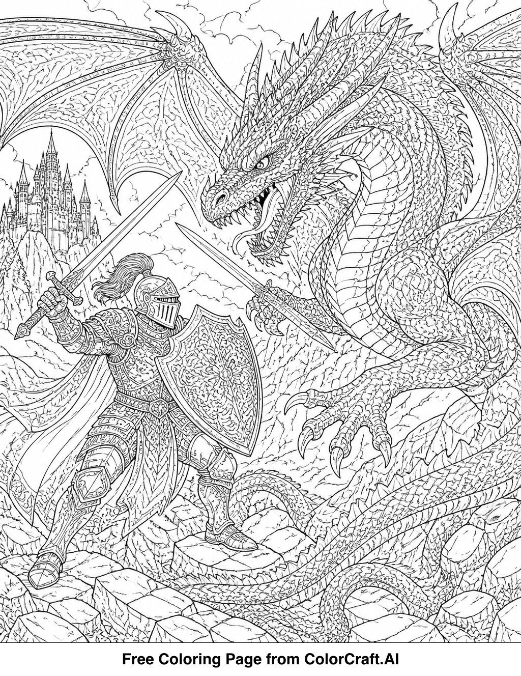 Intricate line drawing of a knight with a sword facing a large dragon in combat.