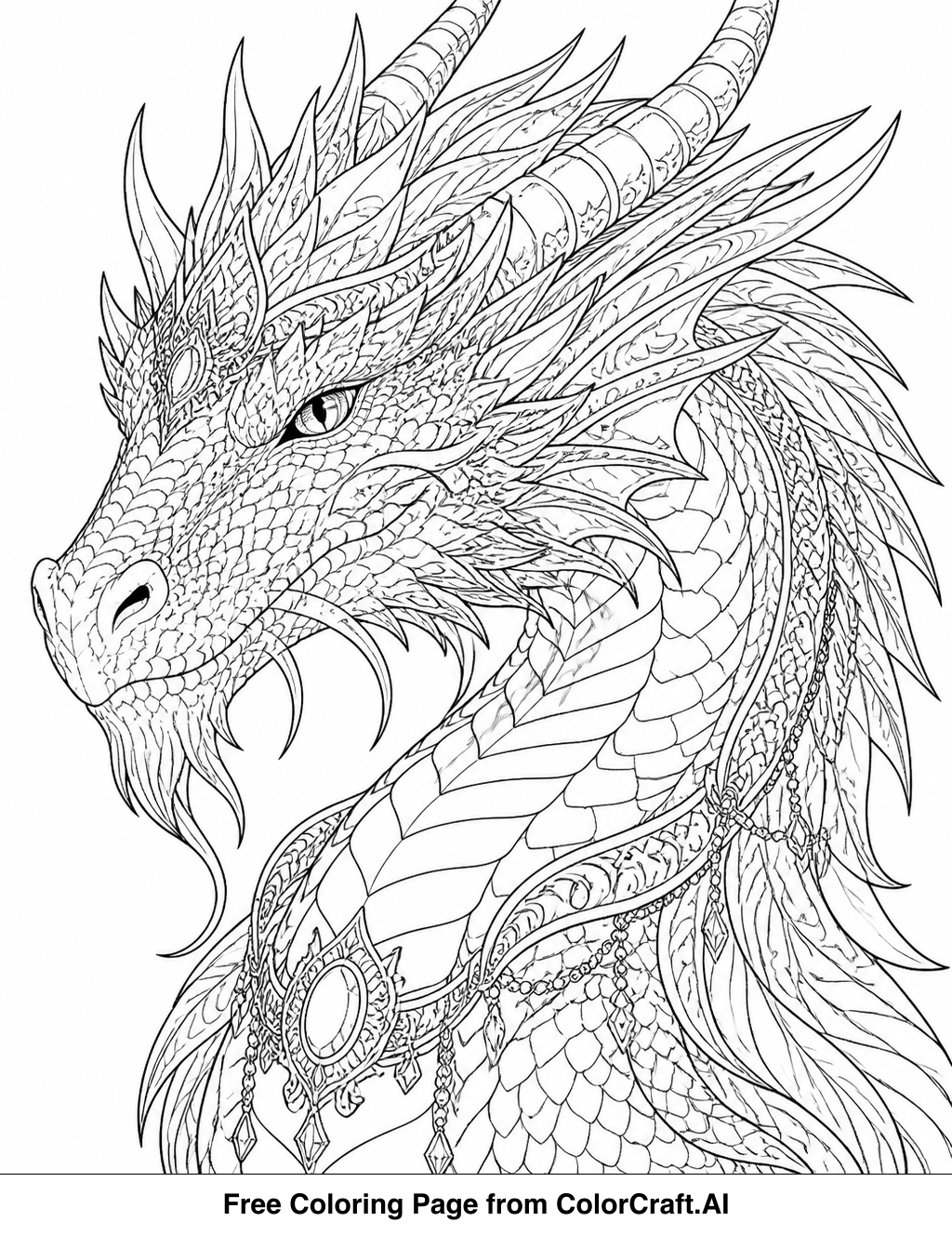 Intricate line drawing of a majestic dragon's head, perfect for detailed coloring.