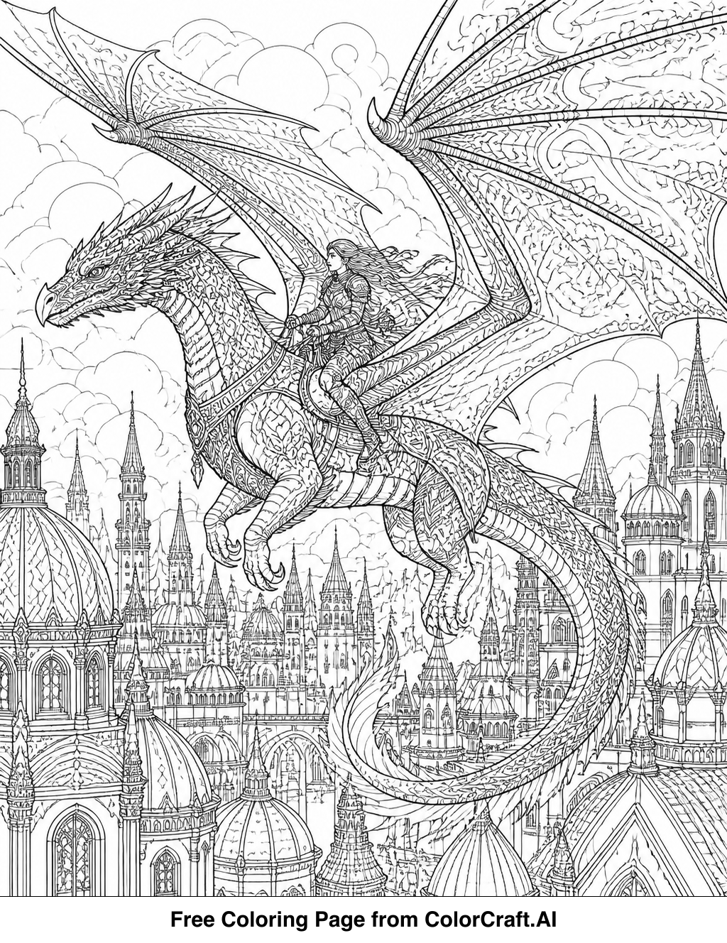 Detailed line drawing of a dragon with a rider flying over a city skyline.