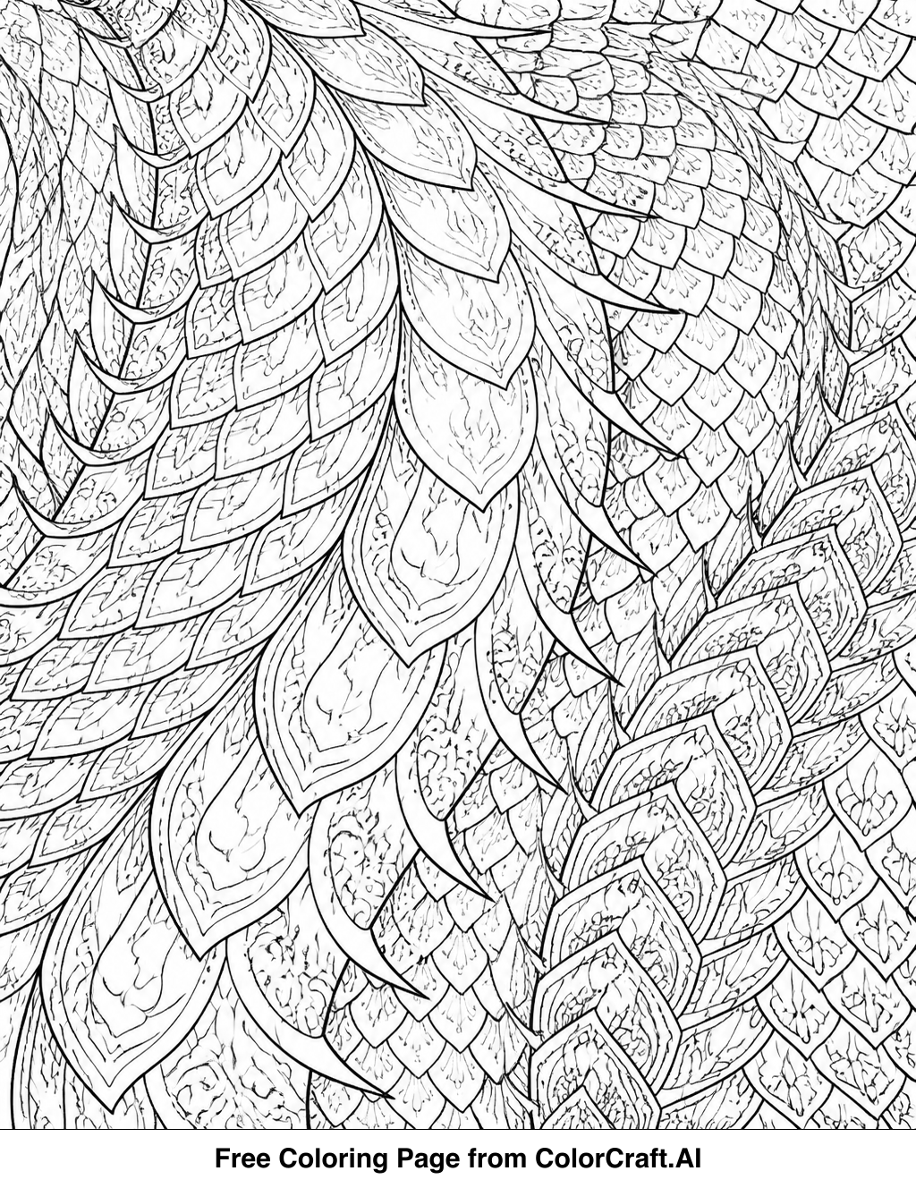 Intricate line drawing of a dragon's body covered in detailed scales, ready to be colored.