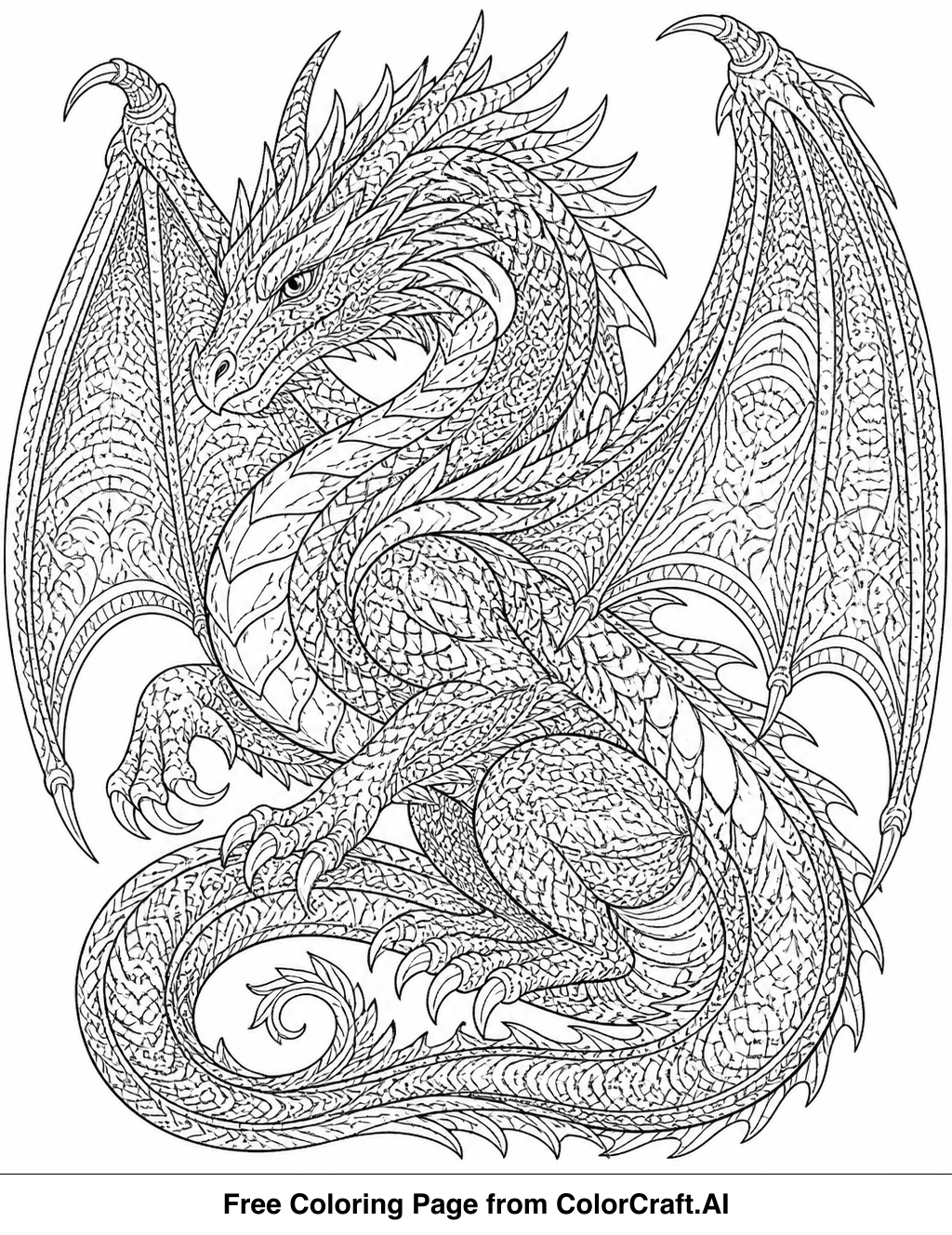 Intricate zentangle pattern forming a majestic dragon, ready for coloring.