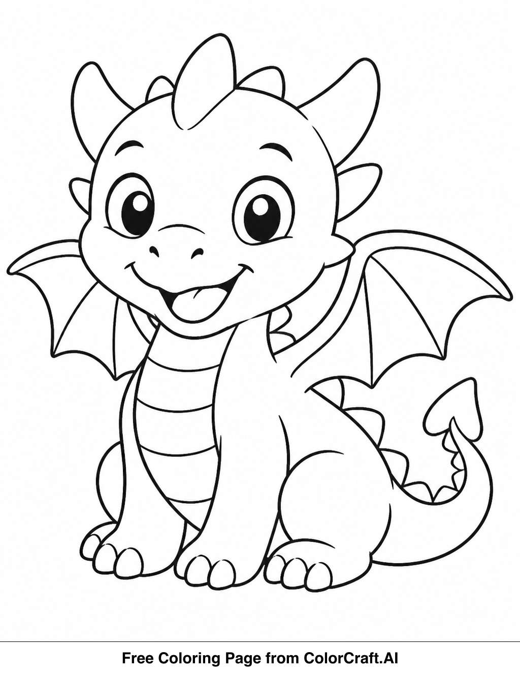 Line drawing of a cute baby dragon with large eyes and a joyful smile, perfect for coloring.