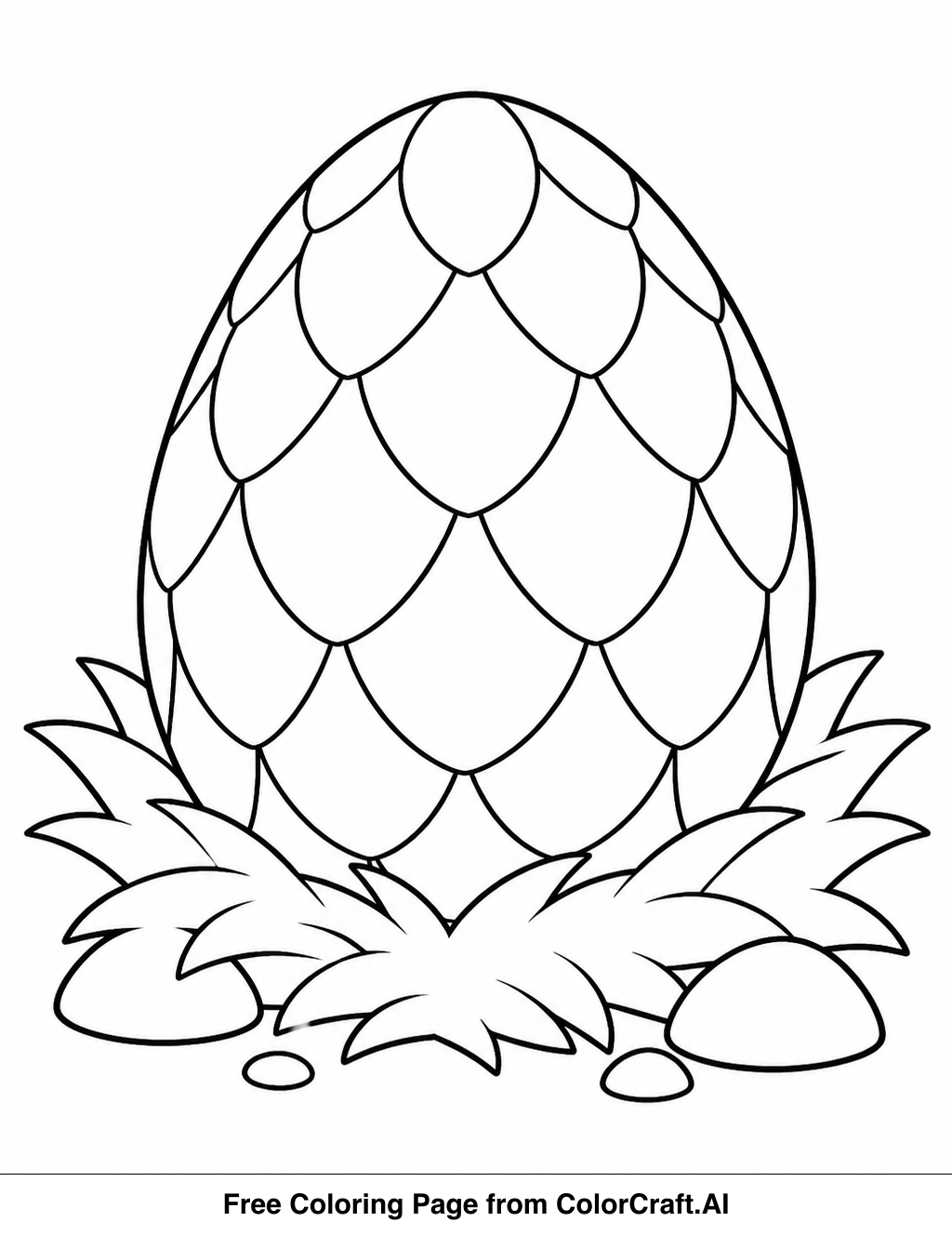 Line drawing of a large, textured dragon egg with a cracked surface, ready for coloring.