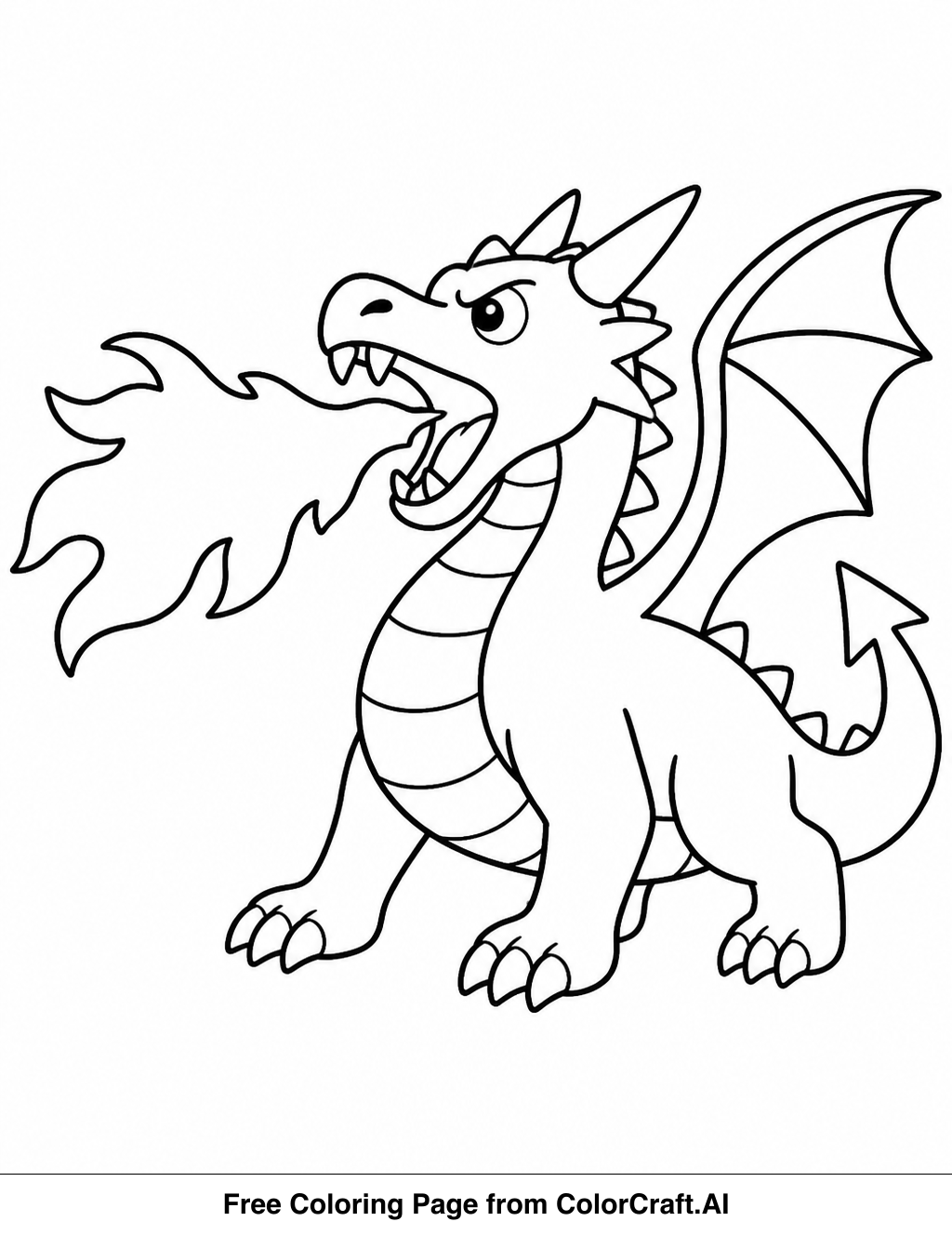 Line drawing of a friendly dragon breathing a plume of fire, perfect for coloring.