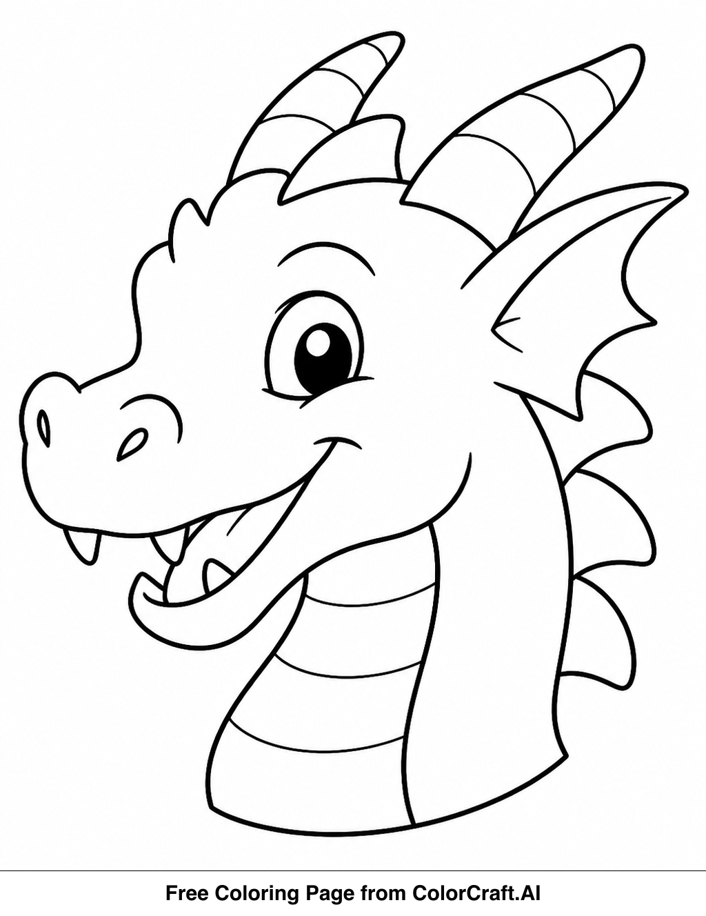 Line art drawing of a dragon's head with large eyes and friendly expression, ready to be colored.