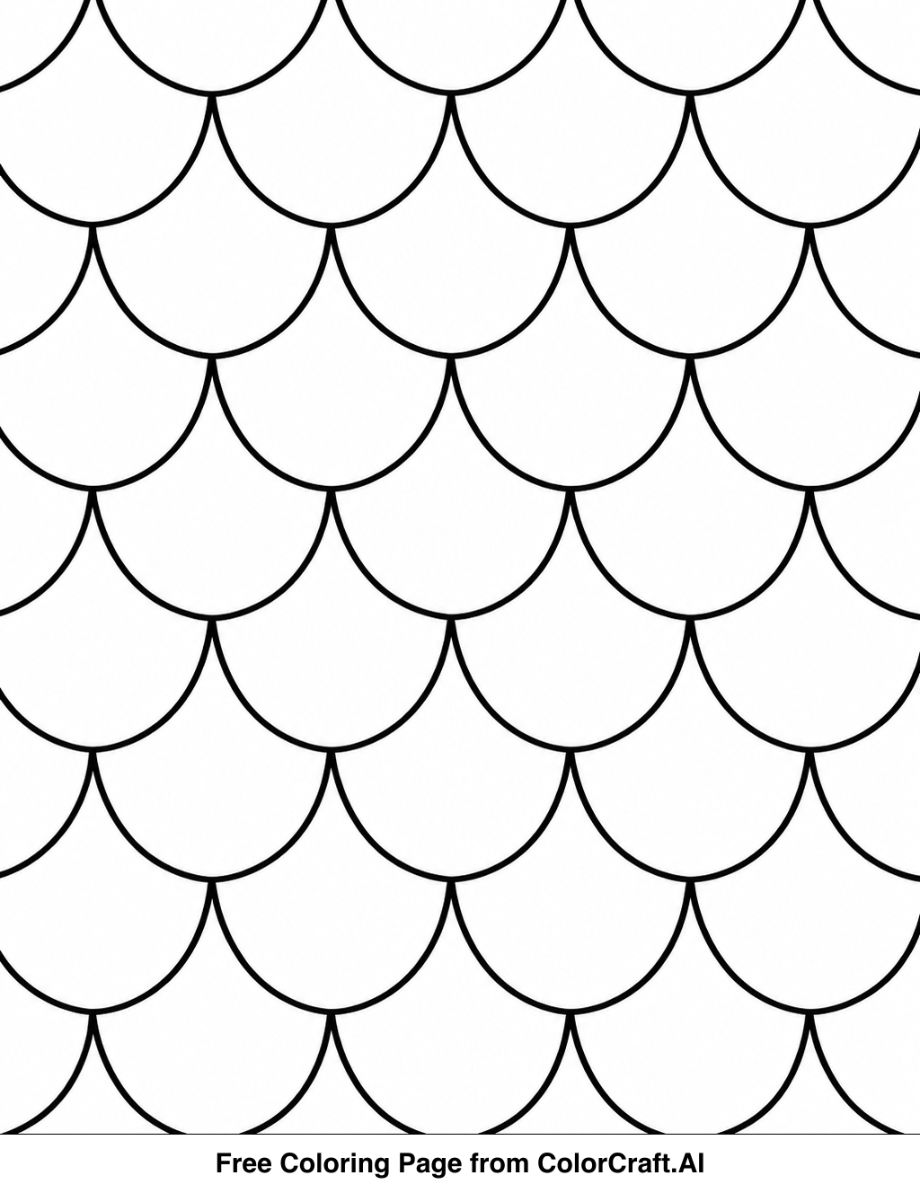 Line drawing of a repeating pattern of large, overlapping dragon scales for coloring.