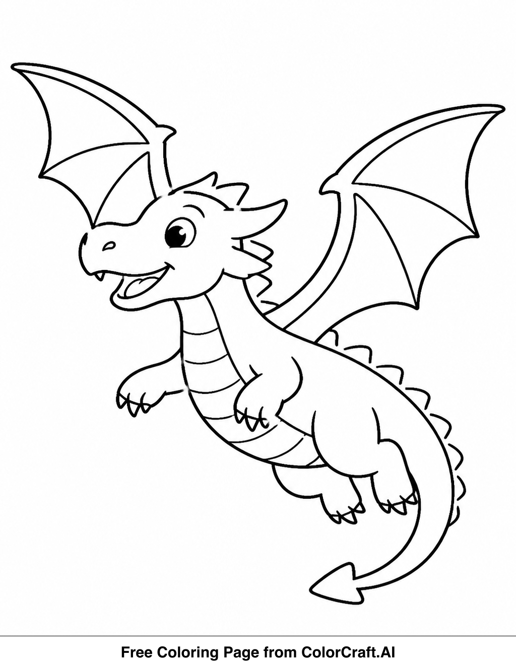Line drawing of a simple flying dragon with large wings and a long tail, ready to be colored.