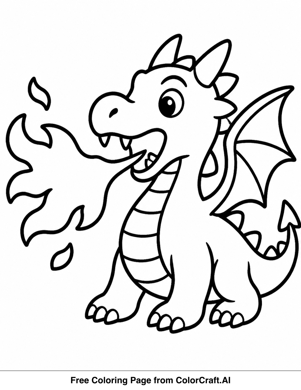 Line drawing of a dragon breathing a large plume of fire, suitable for coloring.