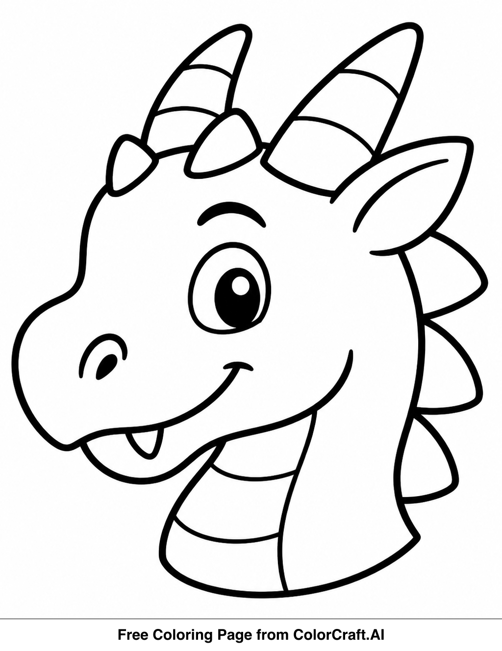 Line art drawing of a dragon's head with large eyes and simple features for coloring.