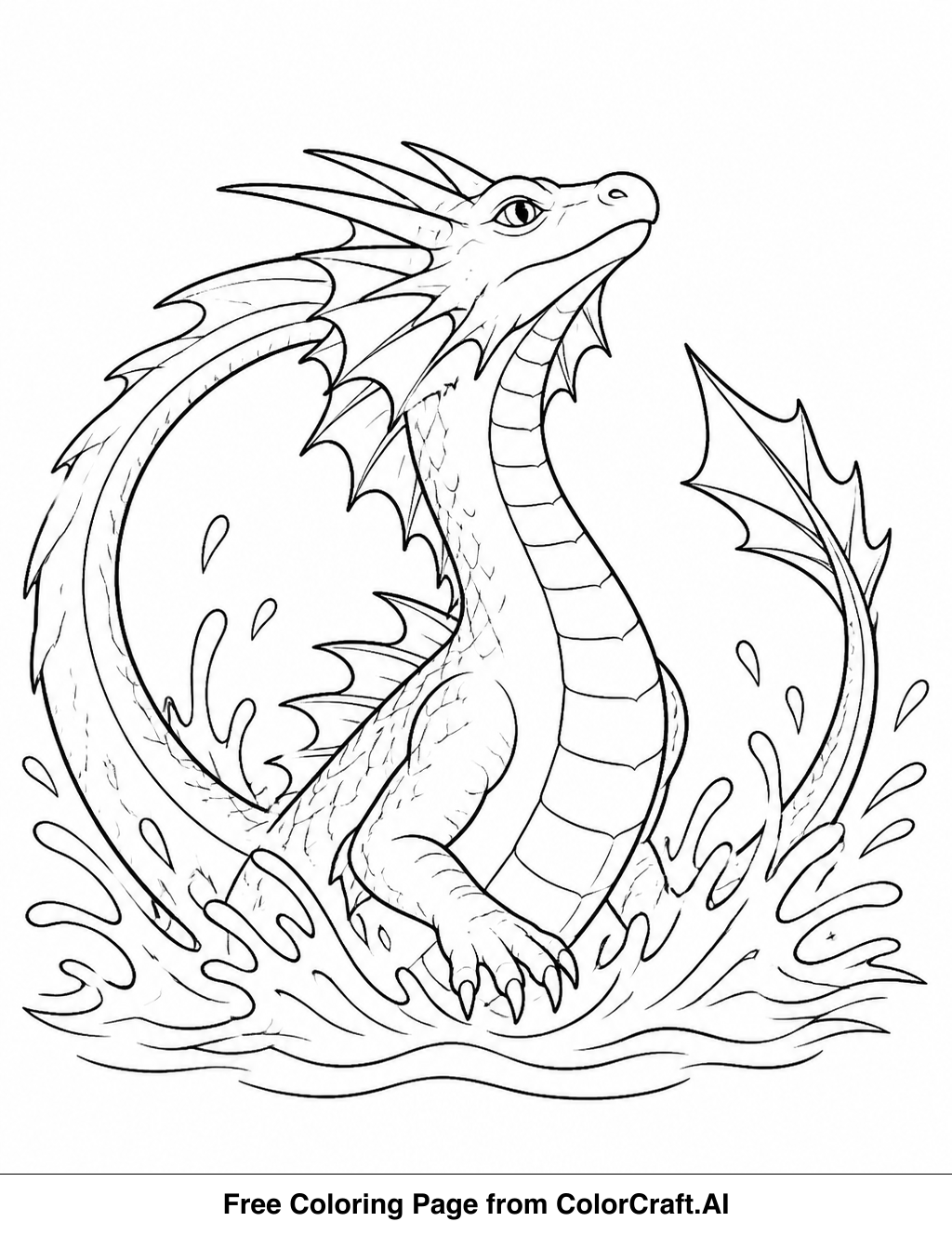Line drawing of a powerful water dragon with flowing mane and tail, splashing water, ready to be colored.