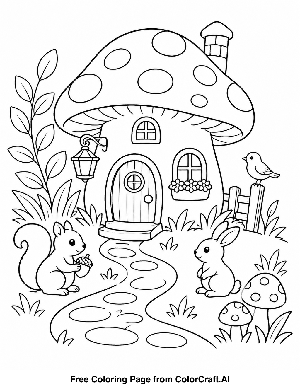 Line drawing of a small mushroom house with a path and forest animals in a fantasy woodland setting.
