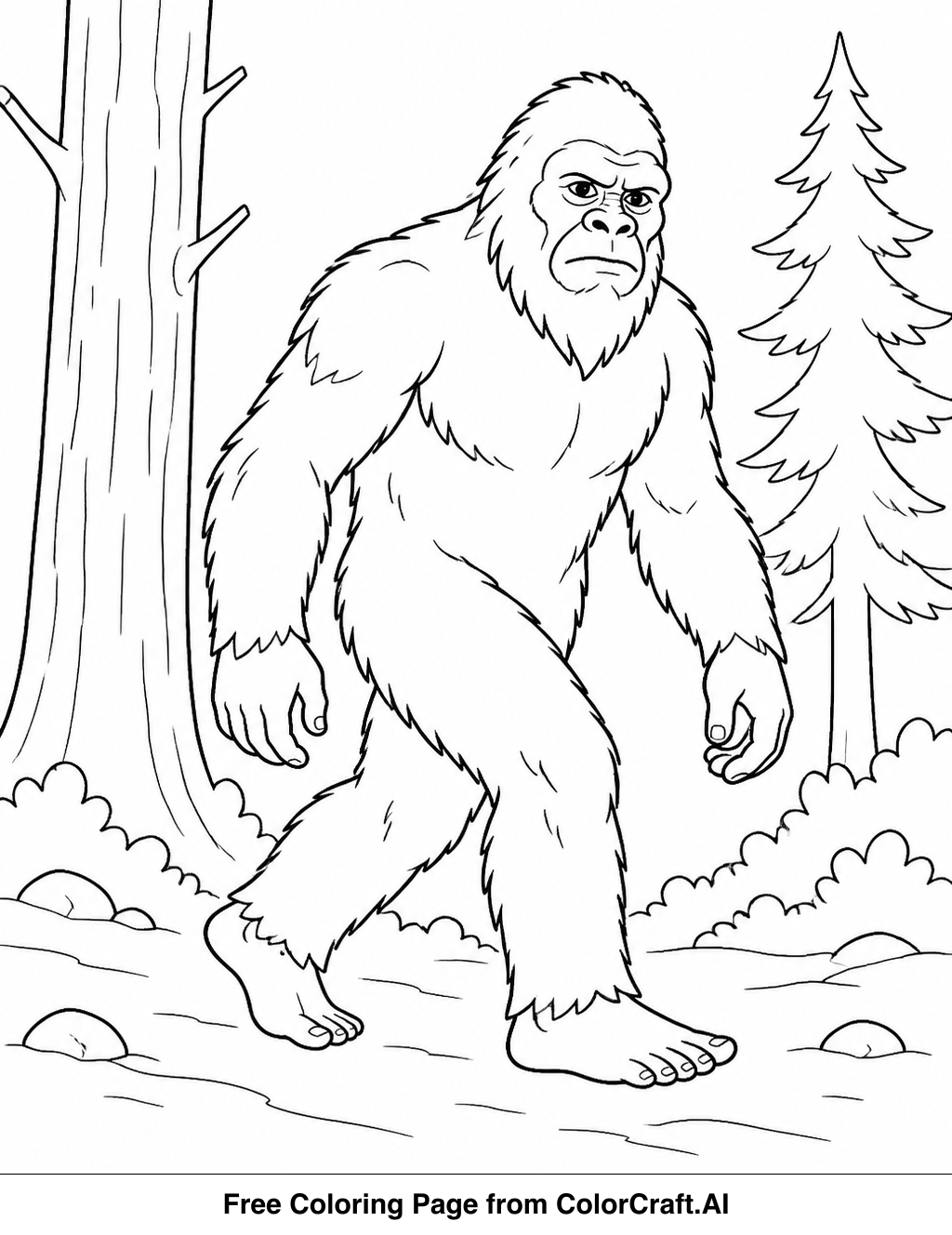 Line drawing of a large, hairy Bigfoot creature standing in a forest clearing, observed by unseen eyes.