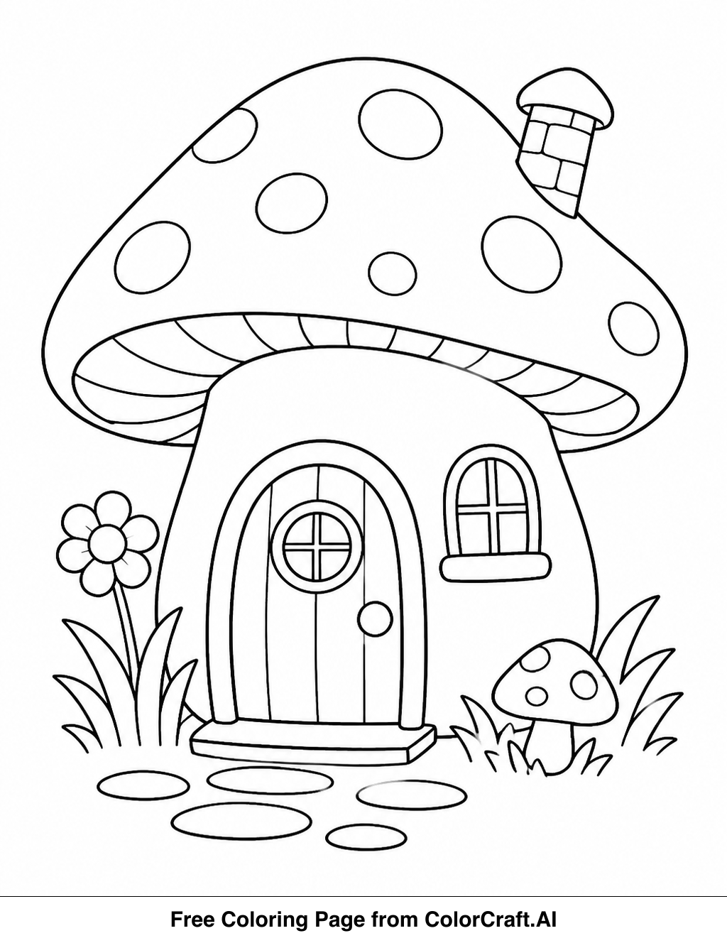 Line drawing of a fantasy mushroom house with windows and a door, surrounded by nature.
