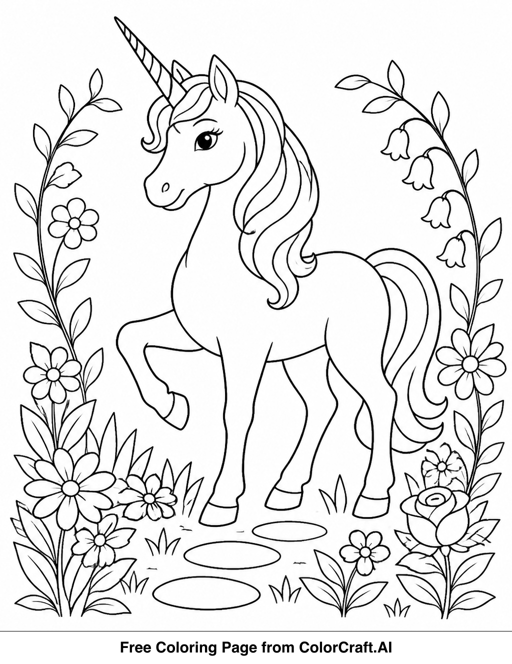 Line drawing of a majestic unicorn standing in a lush, enchanted garden with flowers and vines.