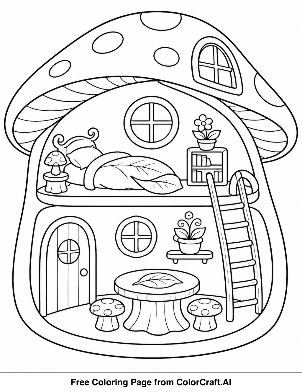 Line drawing of a fairy home inside a large mushroom, with tiny furniture and windows.