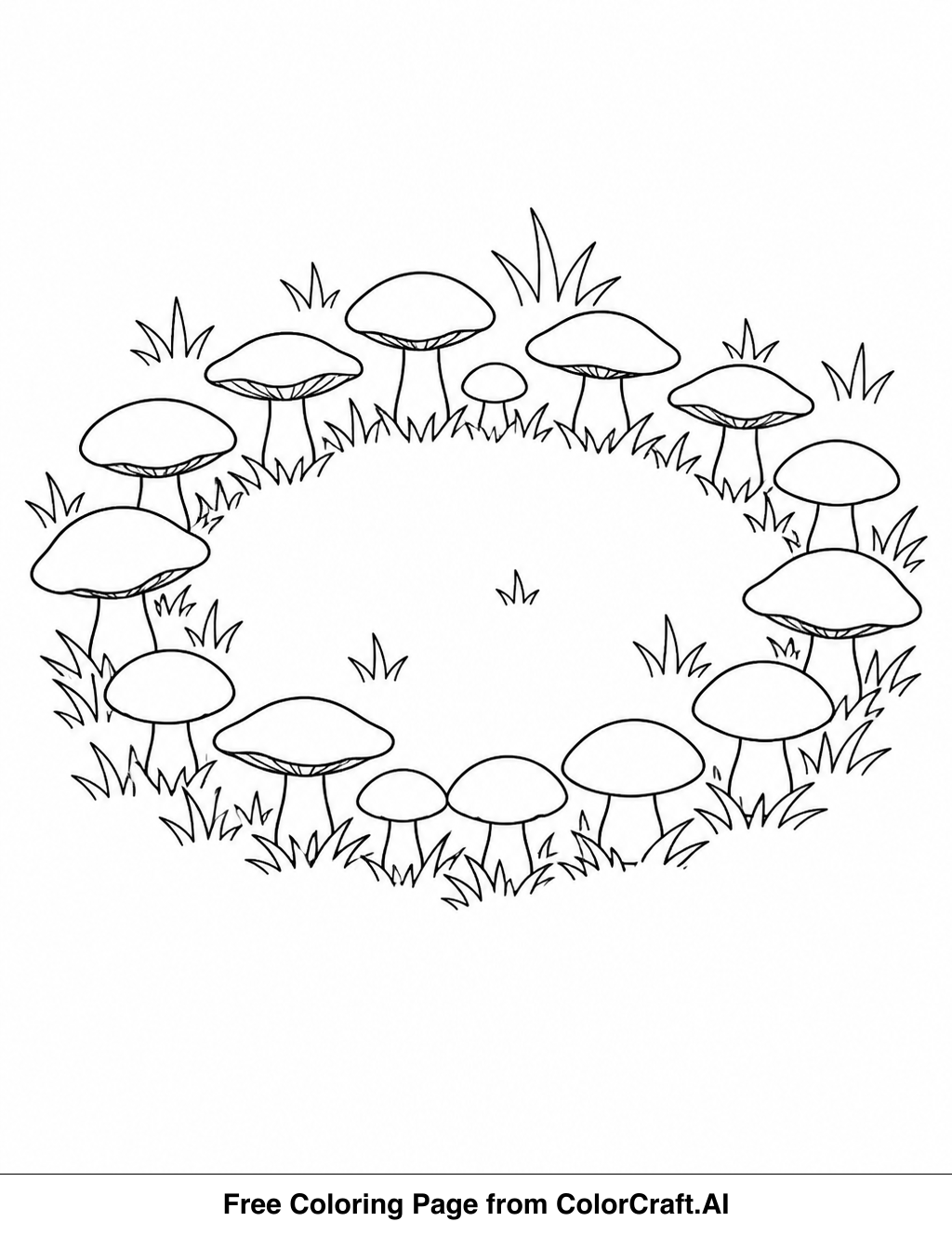Line drawing of a fairy ring mushroom circle with intricate details, ready for coloring.