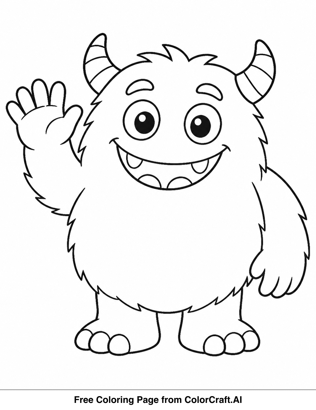 Line drawing of a friendly monster with large eyes, a broad smile, and fuzzy texture, ready to be colored.