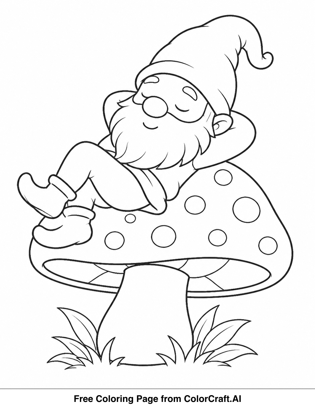 Line drawing of a fantasy gnome resting peacefully on top of a large mushroom in a forest.