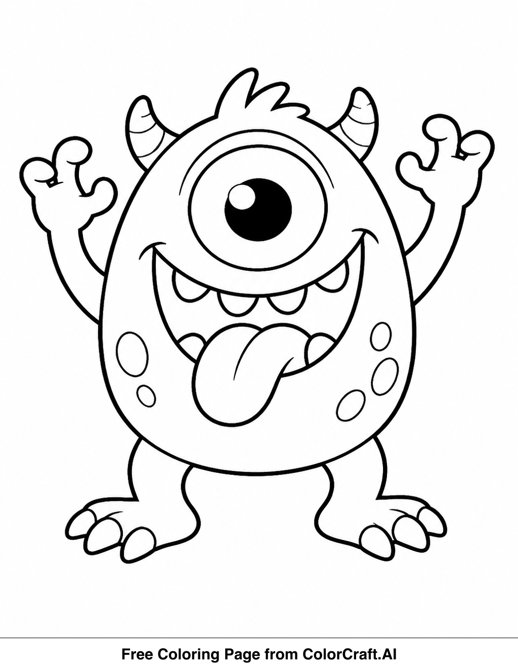 Line drawing of a goofy, friendly monster with one large eye and a wide smile, ready to be colored.