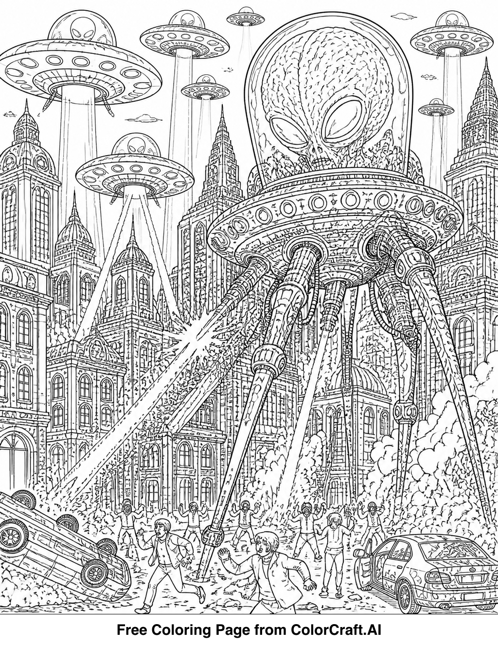 Intricate line drawing of alien ships hovering over a detailed cityscape, with buildings and streets.