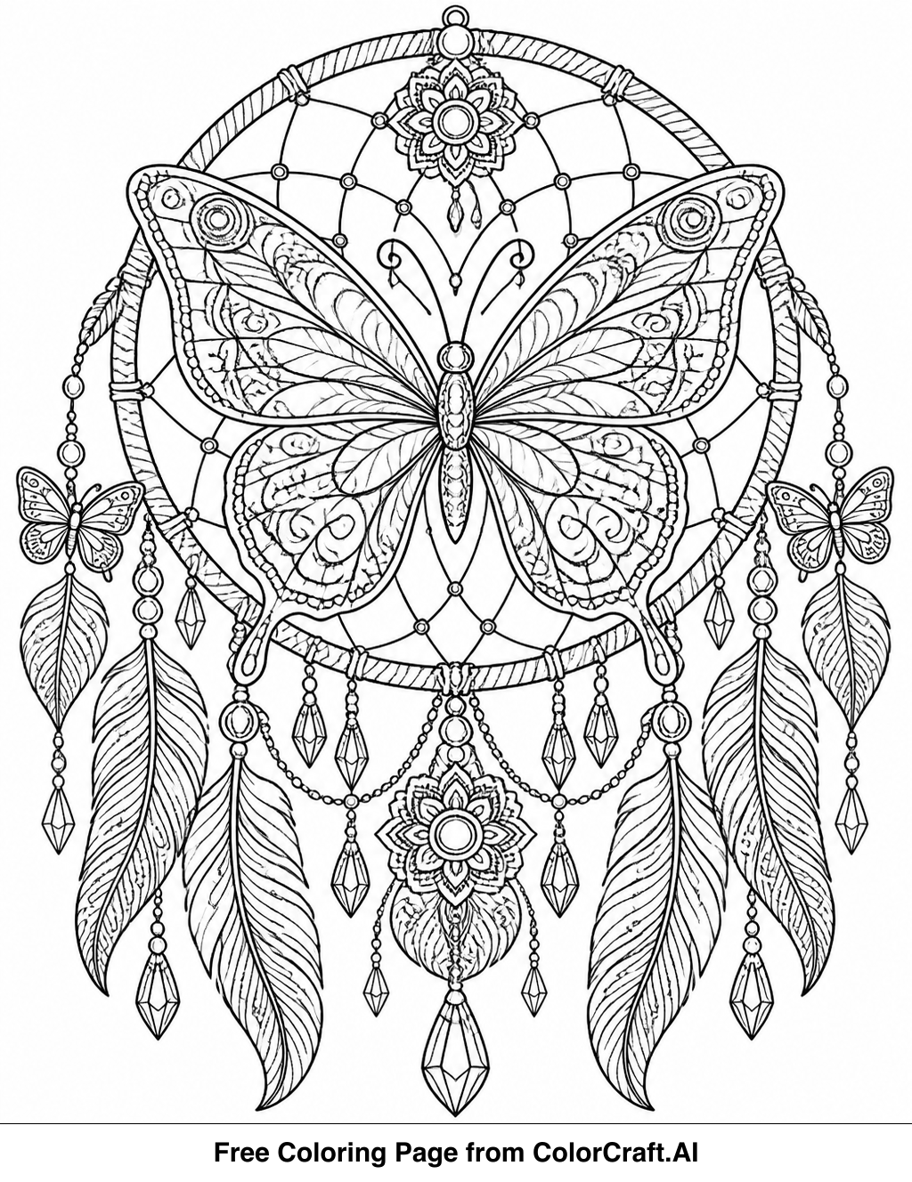 Intricate line drawing of a fantasy dreamcatcher with a butterfly at its center.