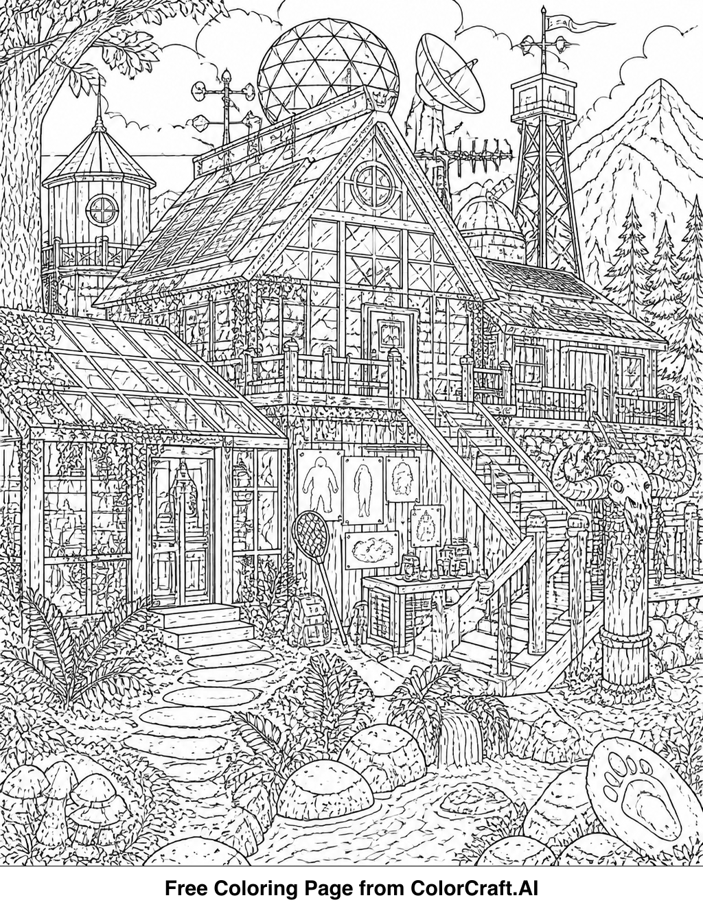 Intricate line drawing of a fantasy cryptid research base with scientific equipment and mysterious structures.