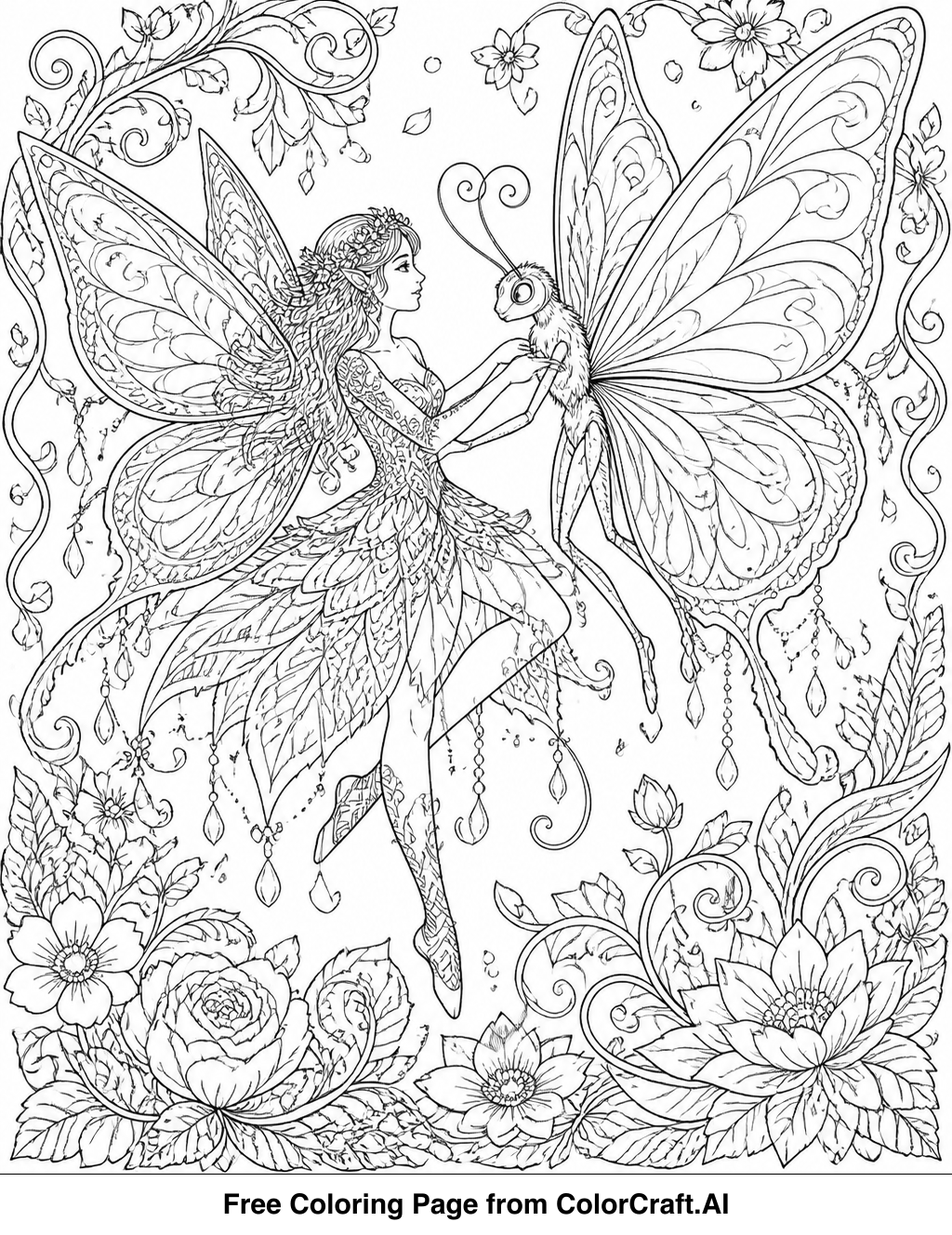 Line drawing of a whimsical fairy and several butterflies in a dynamic, artistic pose.