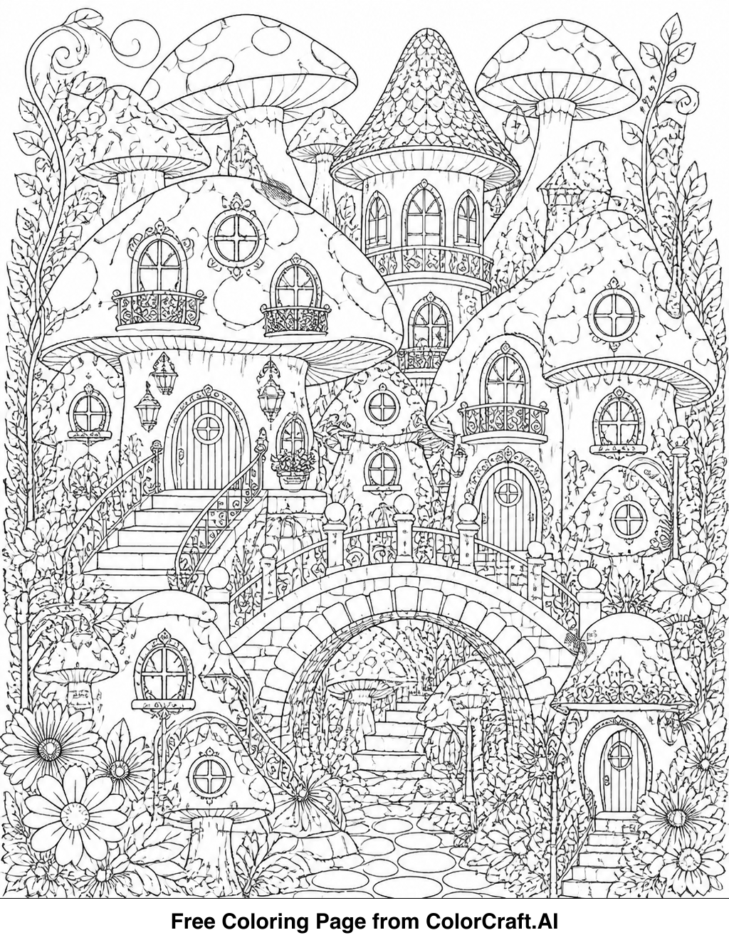 Line art drawing of a miniature mushroom town with tiny houses and pathways, intricate details.