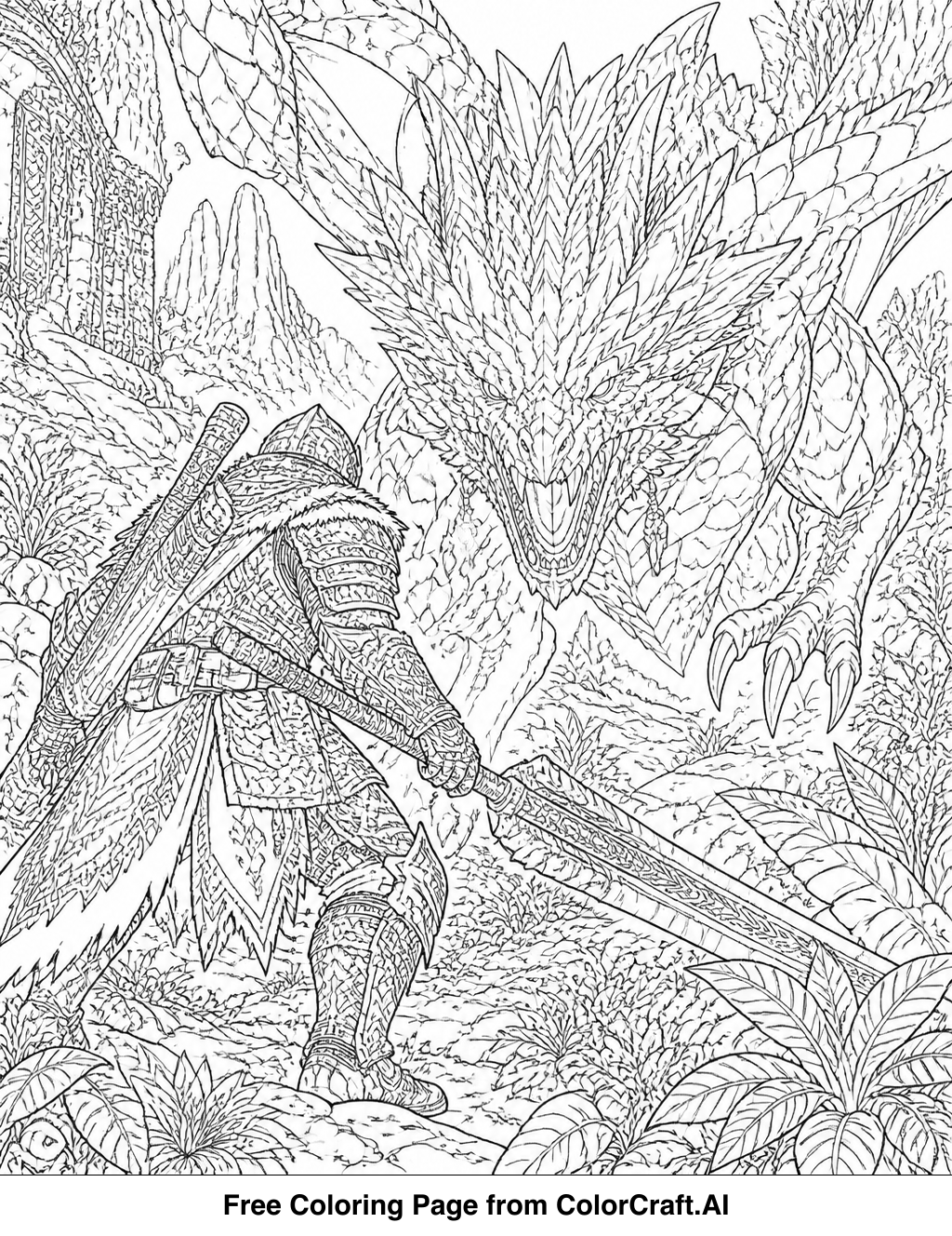 Intricate line drawing of a monster hunter facing a large, detailed fantasy beast with weapons drawn.