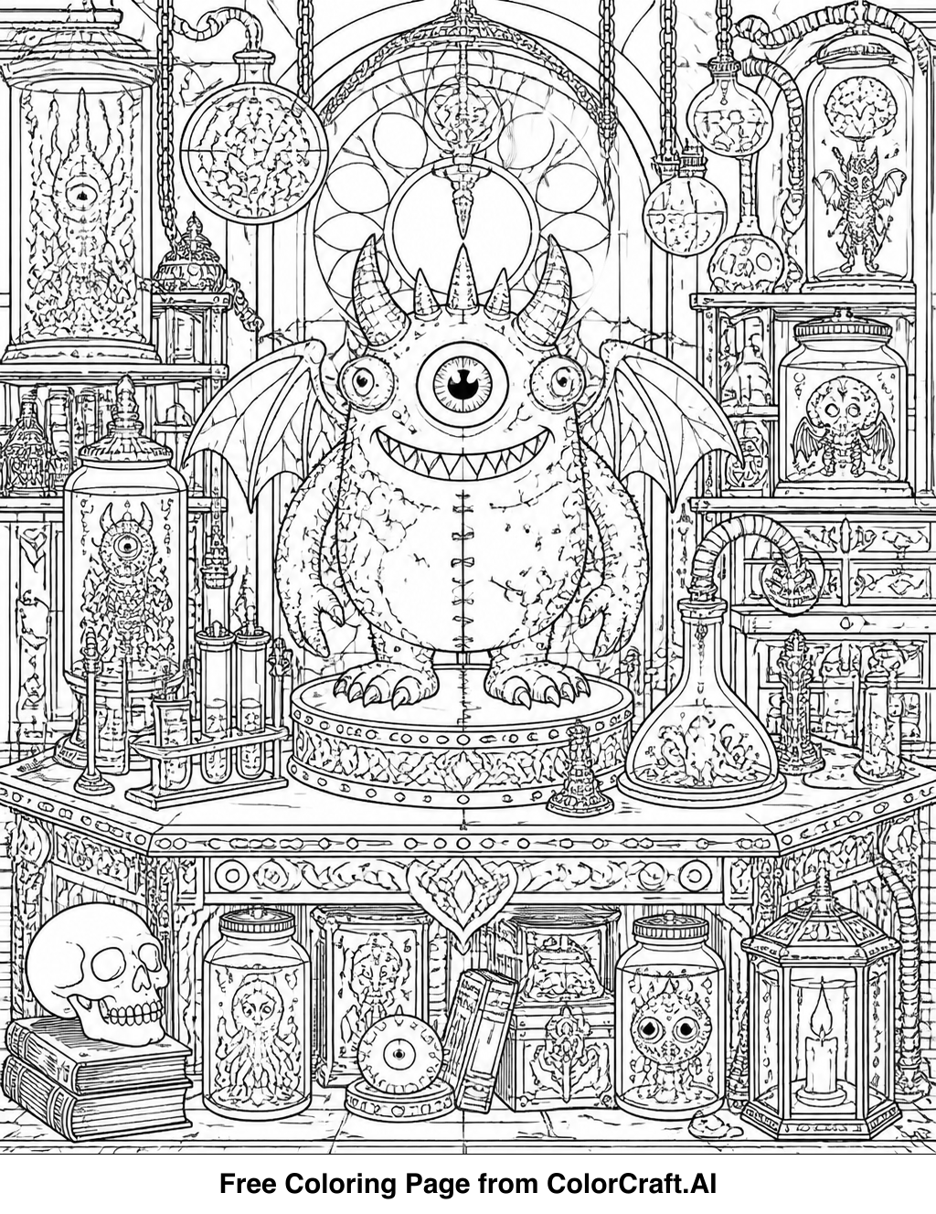 Line drawing of a mad scientist's laboratory with various monster parts for creation.