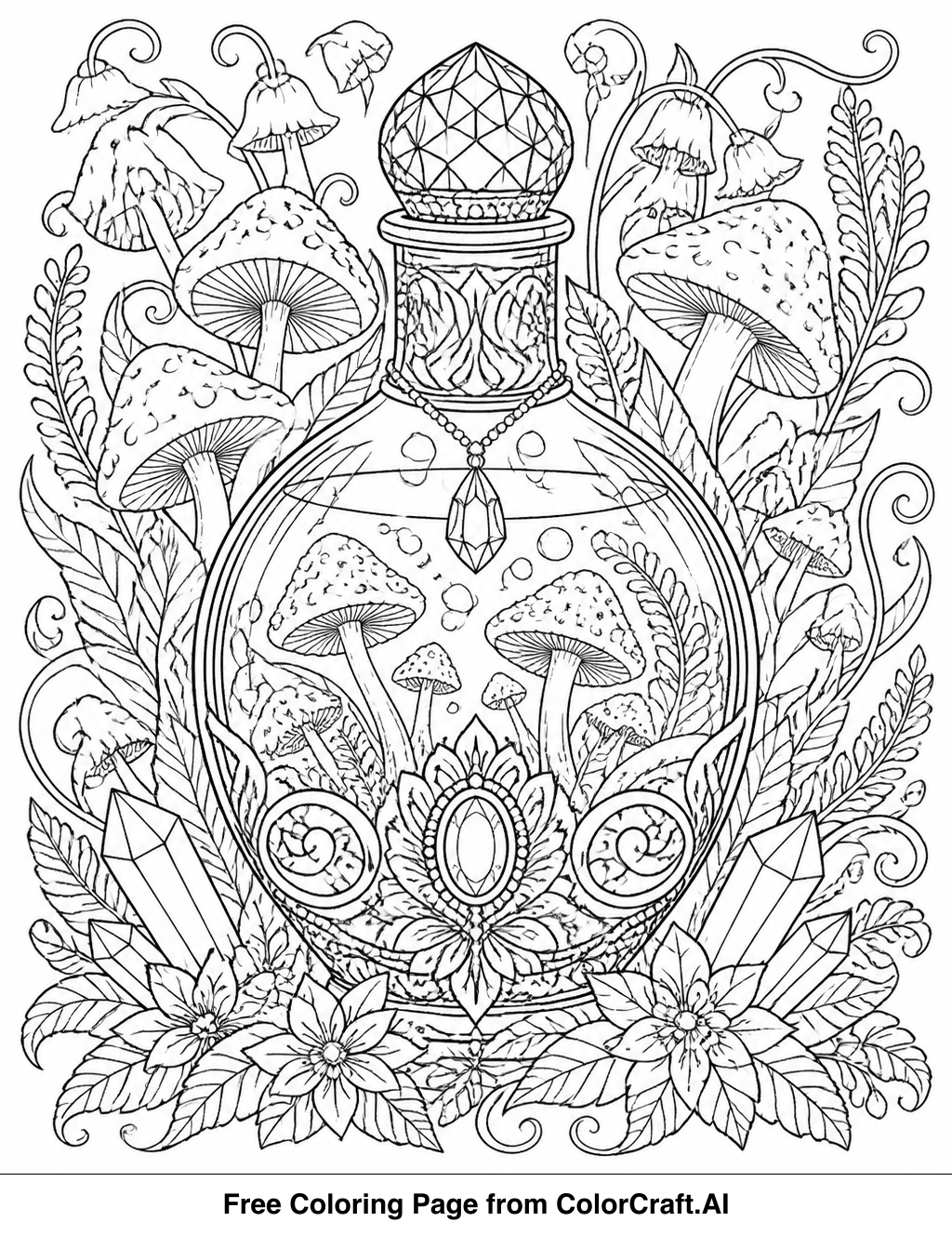 Intricate line drawing of a fantastical mushroom with swirling steam rising from a potion cauldron.