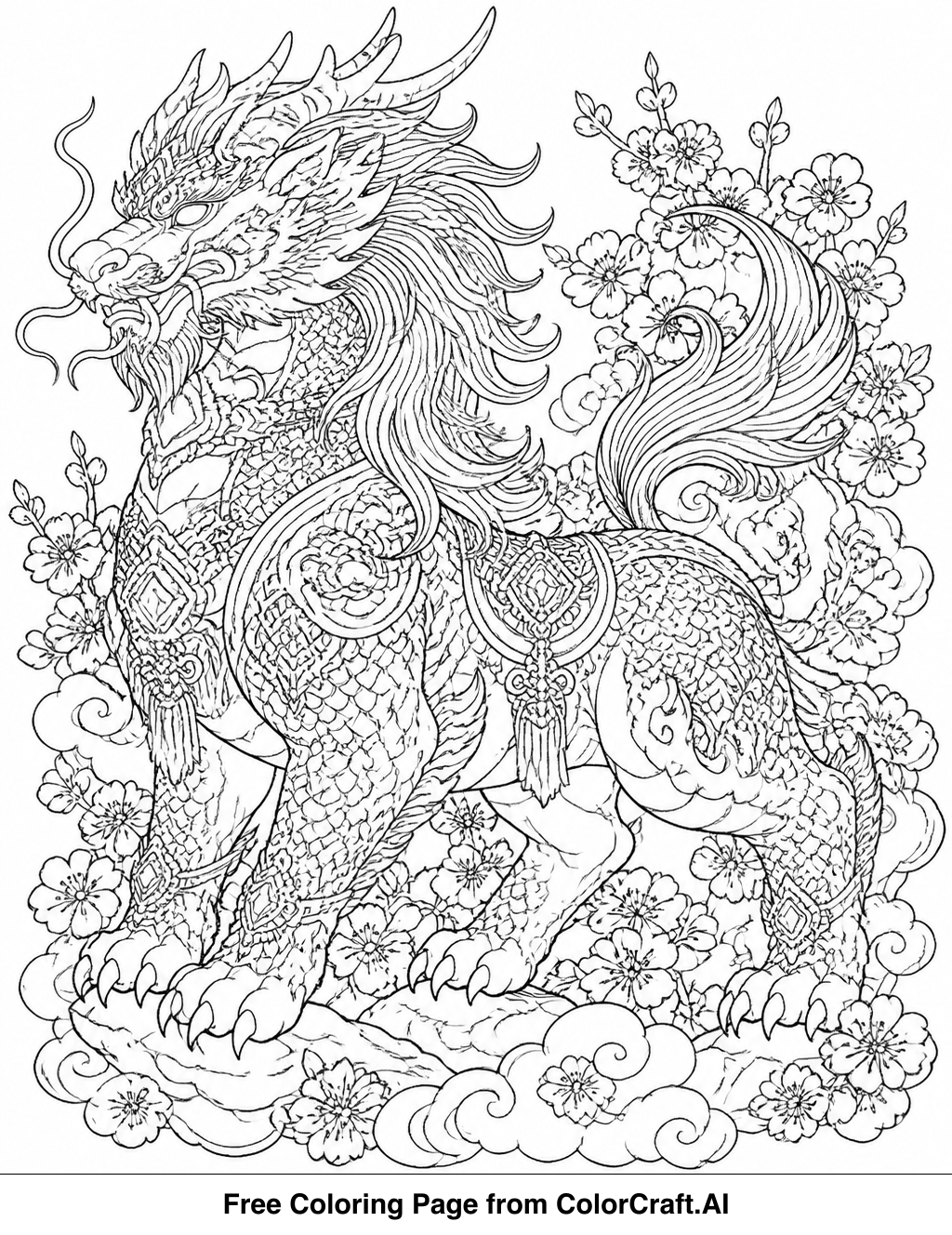 Line drawing of a mythical griffin with eagle head and lion body in ancient ruins.