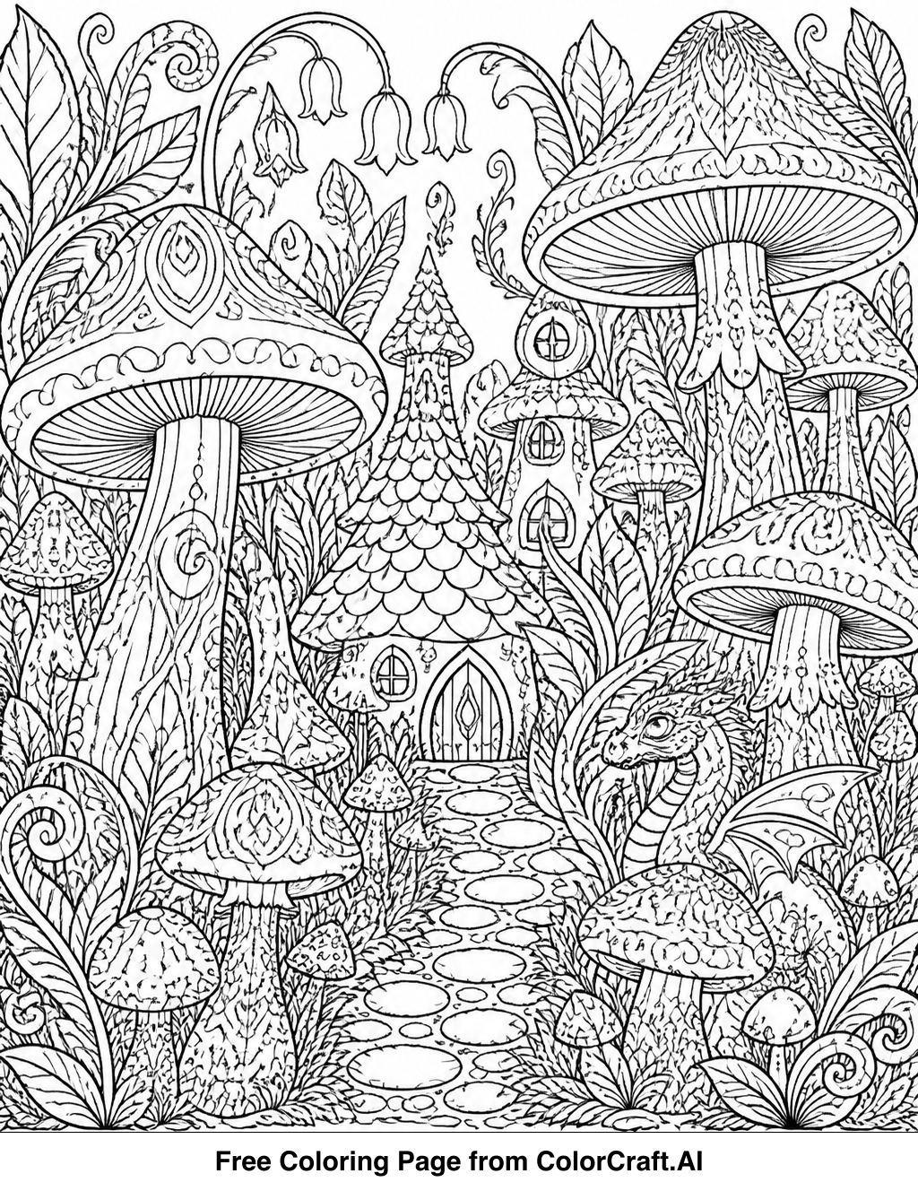 Intricate line drawing of a fantasy forest with large, detailed mushrooms and hidden elements.