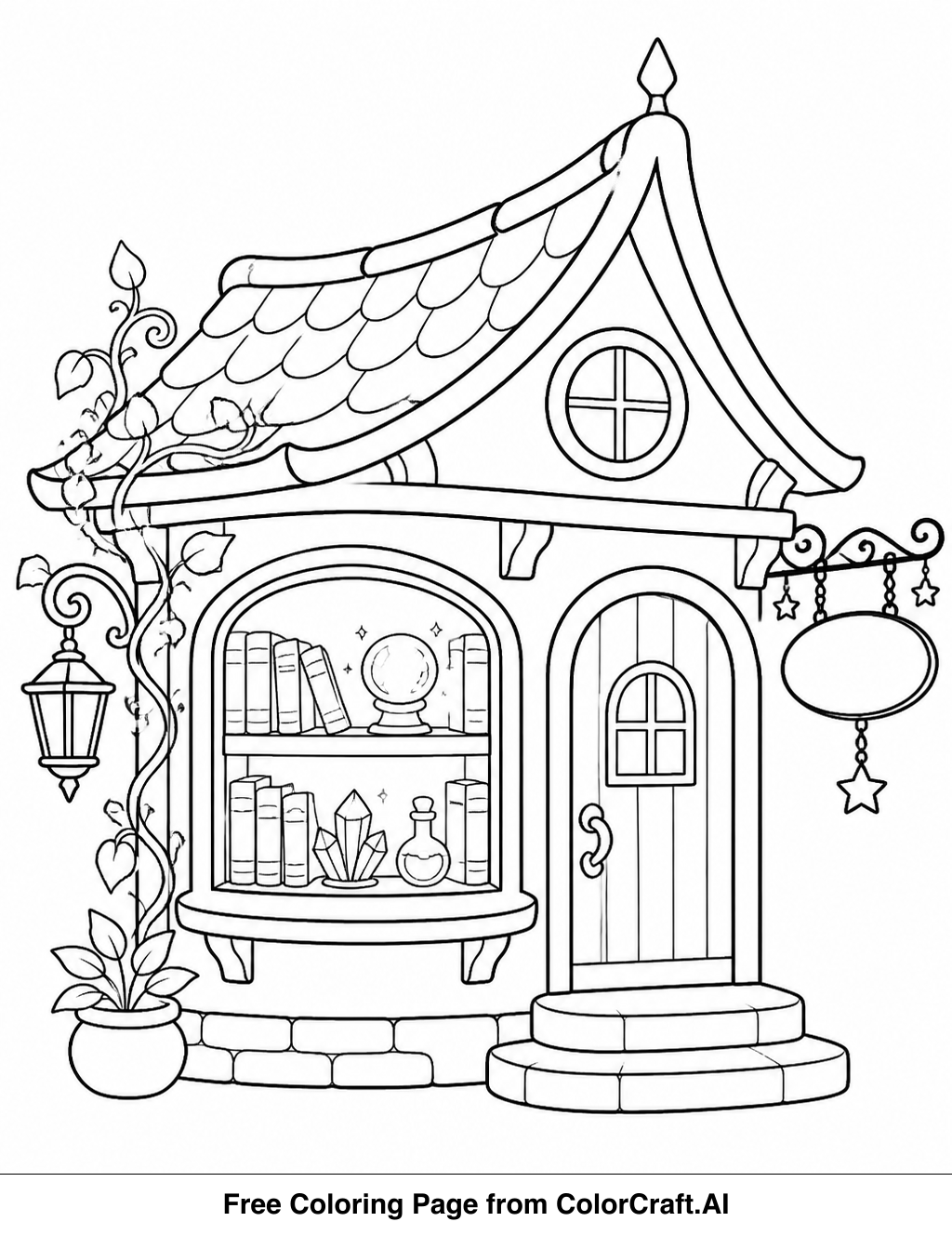 Line drawing of a fantasy magical bookshop interior with overflowing shelves and an inviting doorway.
