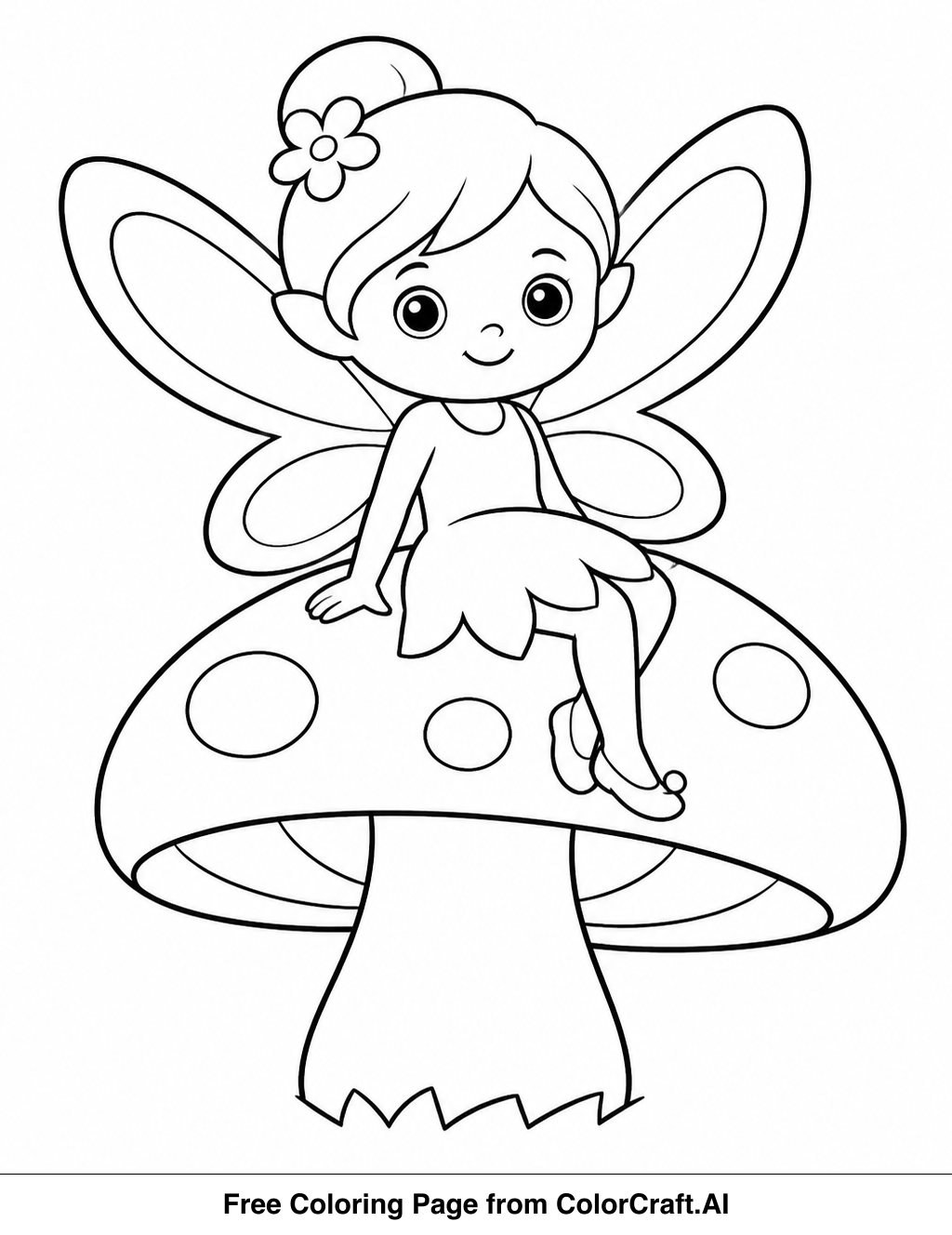 Line drawing of a cute fairy with wings sitting on a large mushroom, ready to be colored.