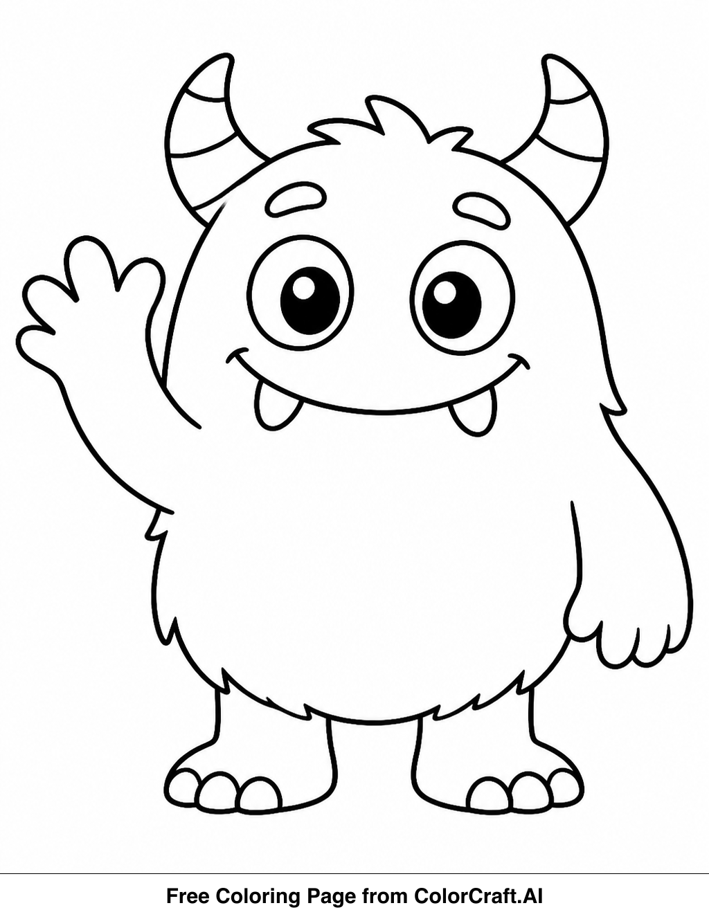 Line drawing of a friendly, cartoon monster with large eyes and a happy expression.