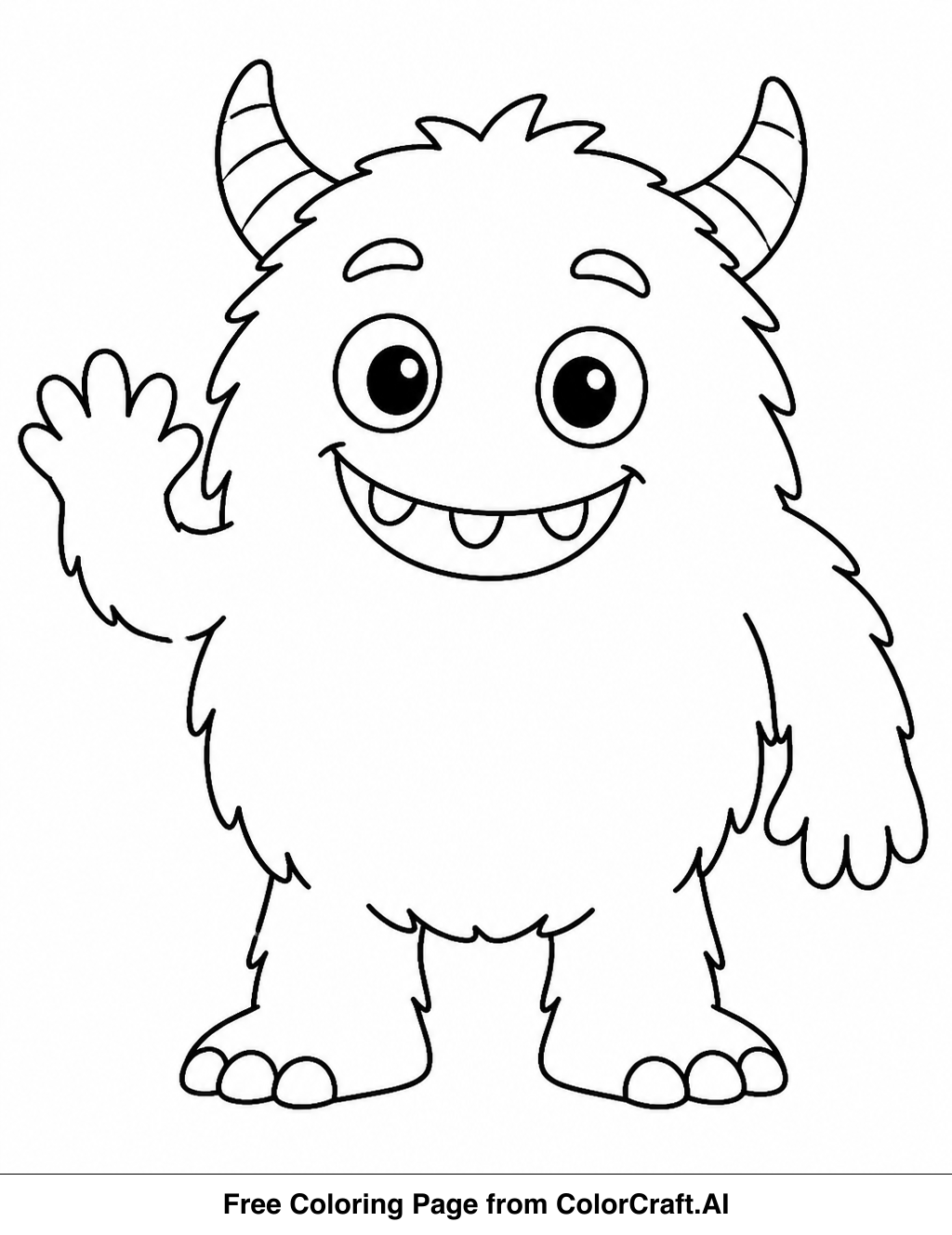 Line drawing of a simple, friendly furry monster with large eyes and a wide smile.