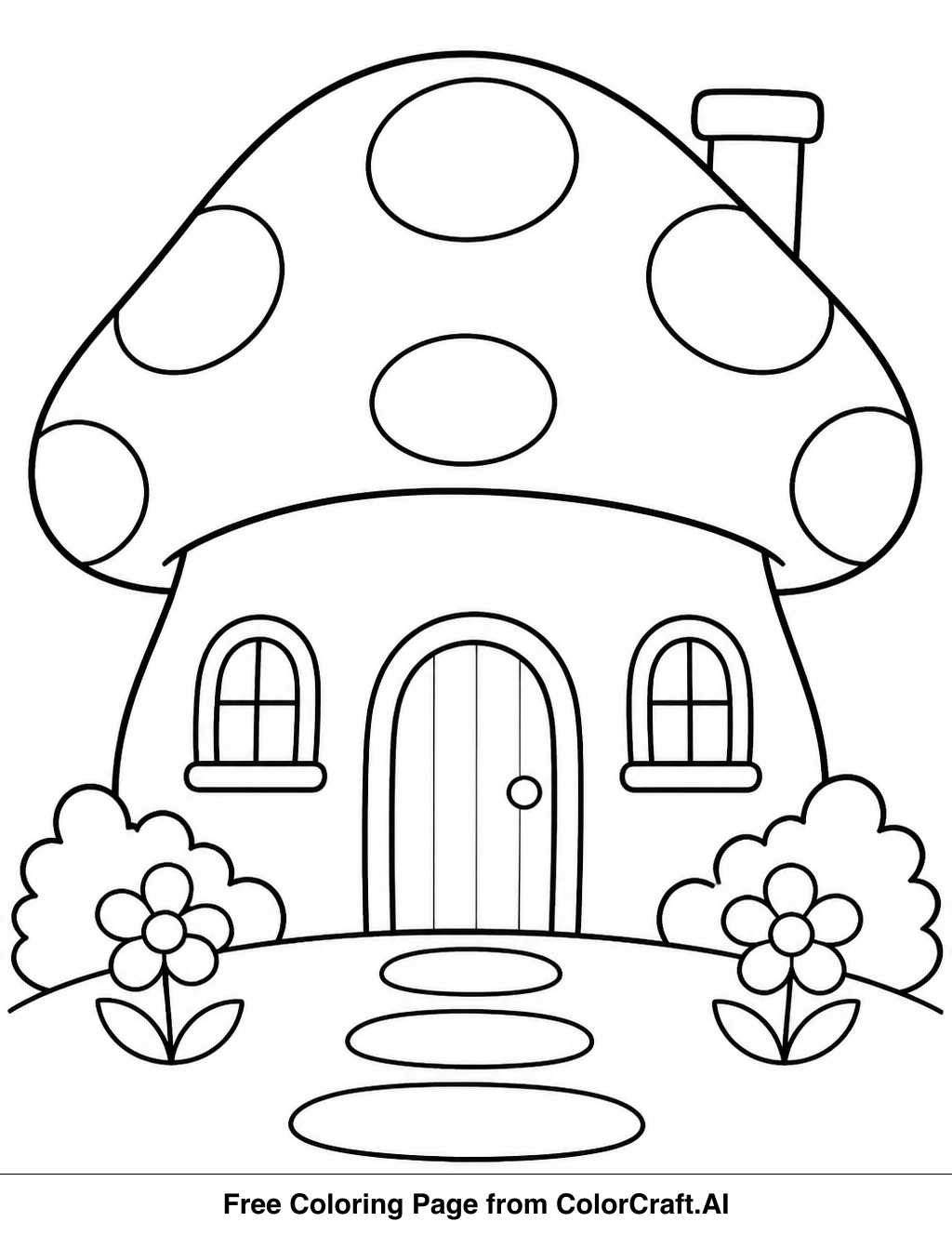 Line drawing of a cute mushroom house with a door and windows, ready to be colored.